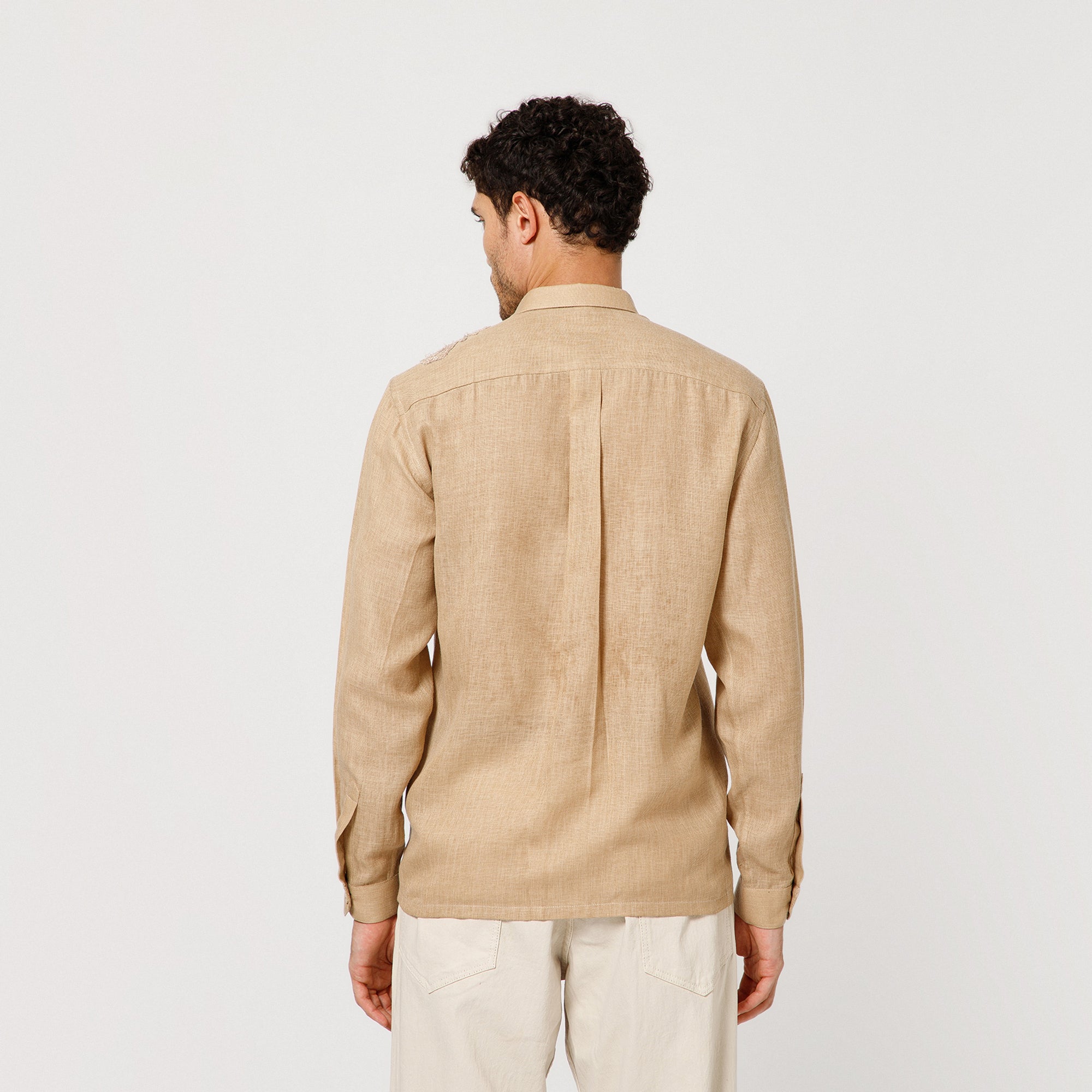 Beige Cotton Linen Shirt With Textured Flower Embroidery