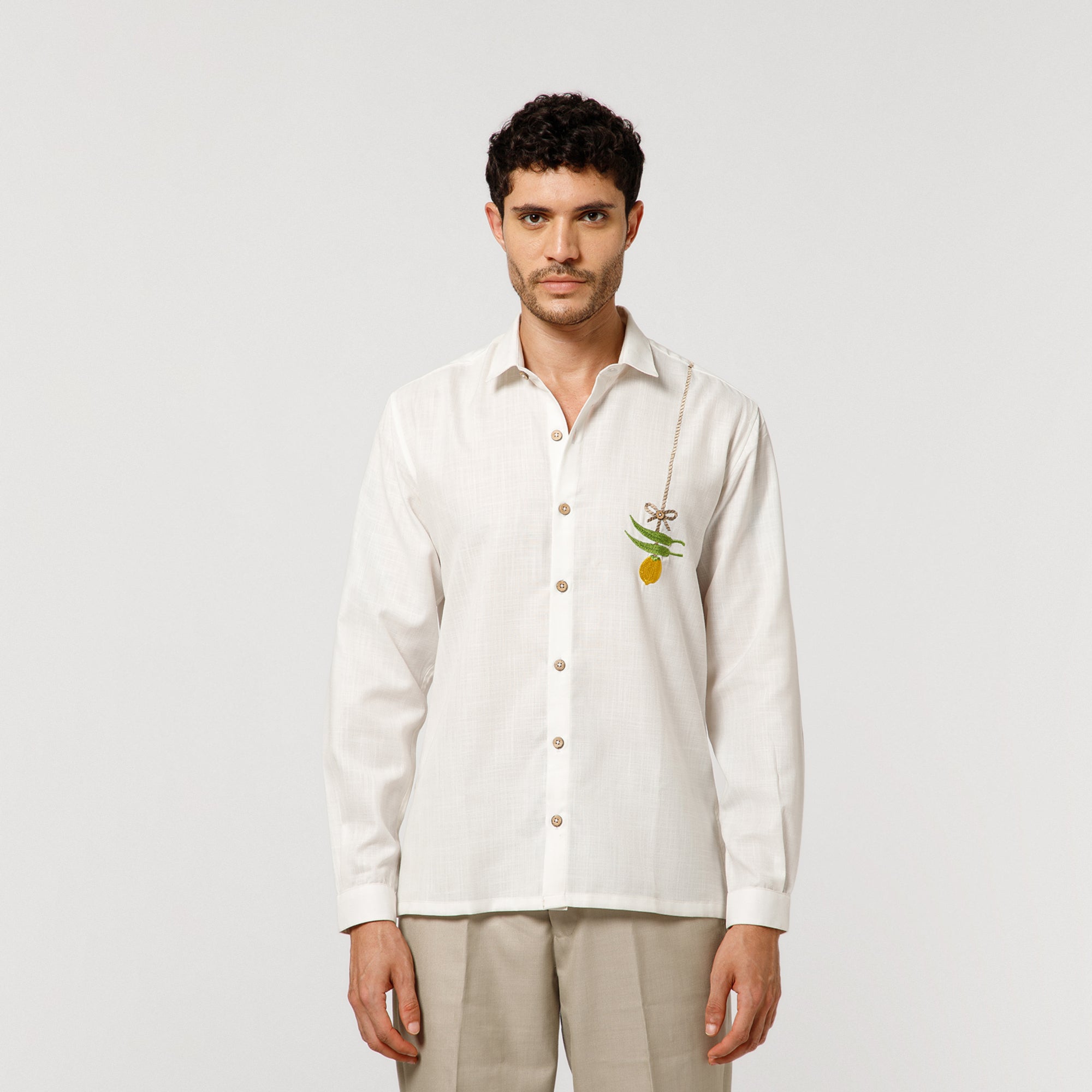 White Cotton Shirt With Nimbu Mirchi Embroidery
