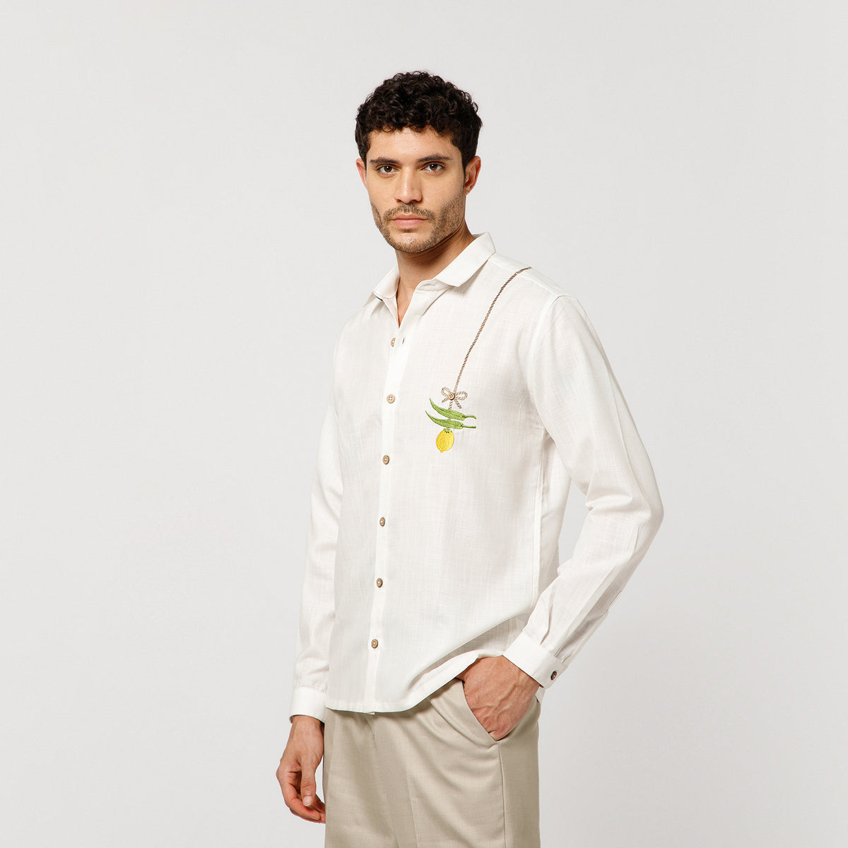 White Cotton Shirt With Nimbu Mirchi Embroidery