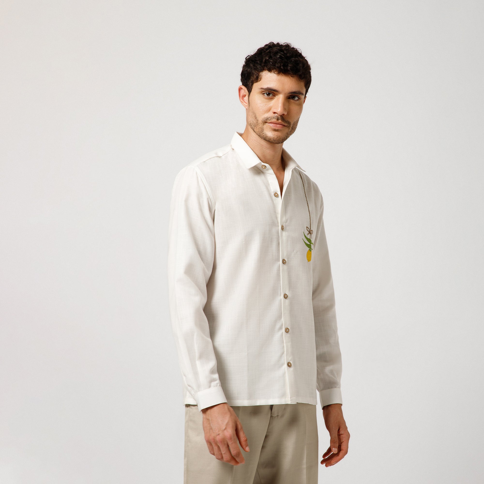 White Cotton Shirt With Nimbu Mirchi Embroidery