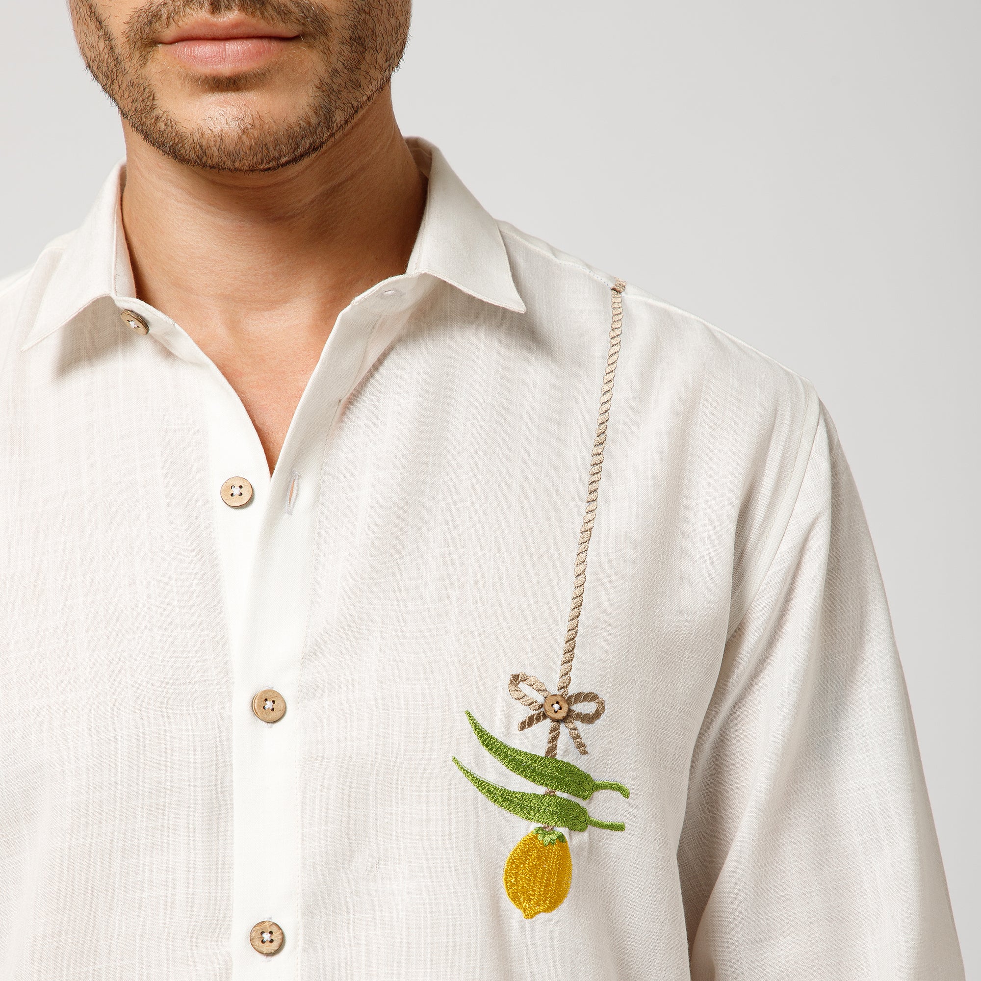 White Cotton Shirt With Nimbu Mirchi Embroidery