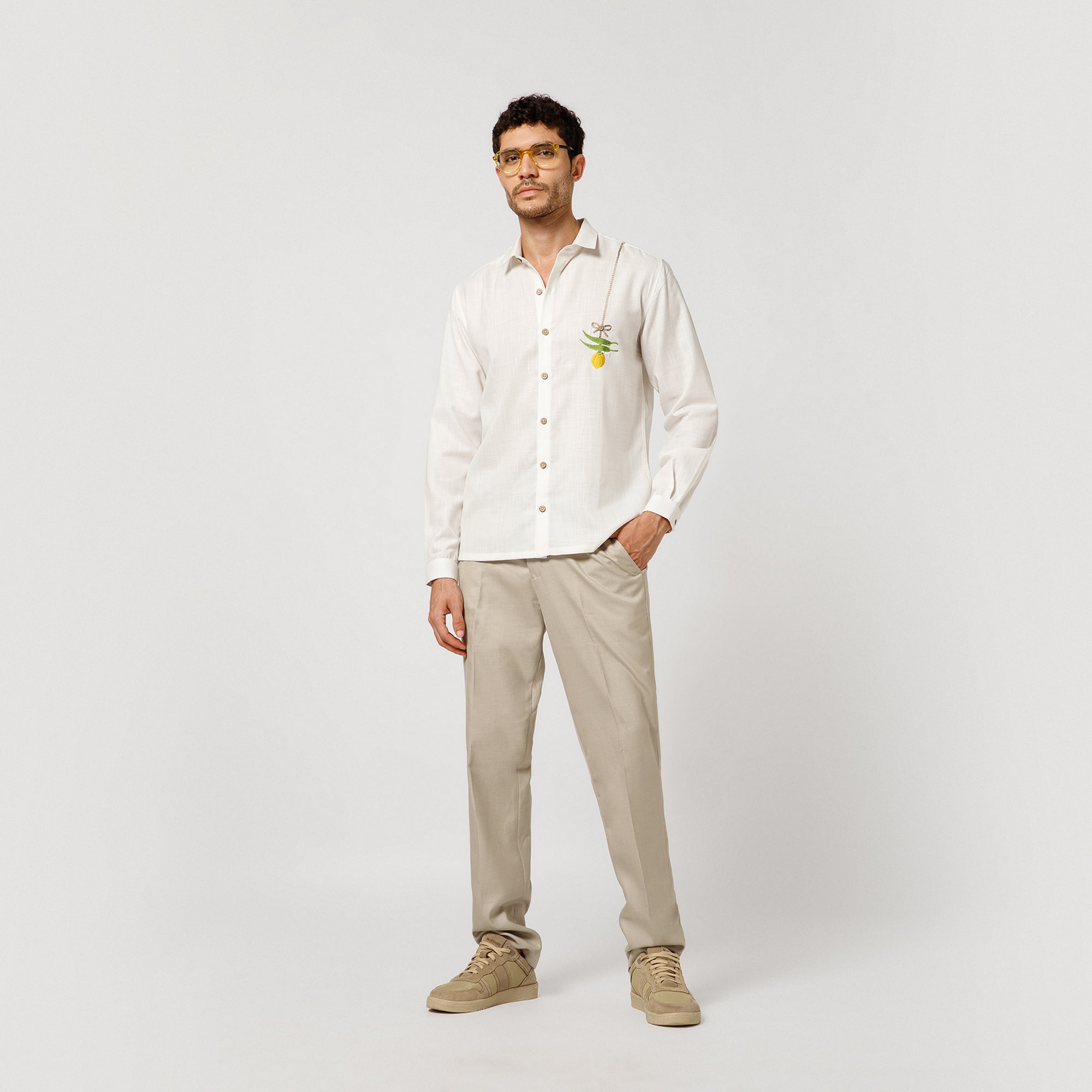 White Cotton Shirt With Nimbu Mirchi Embroidery