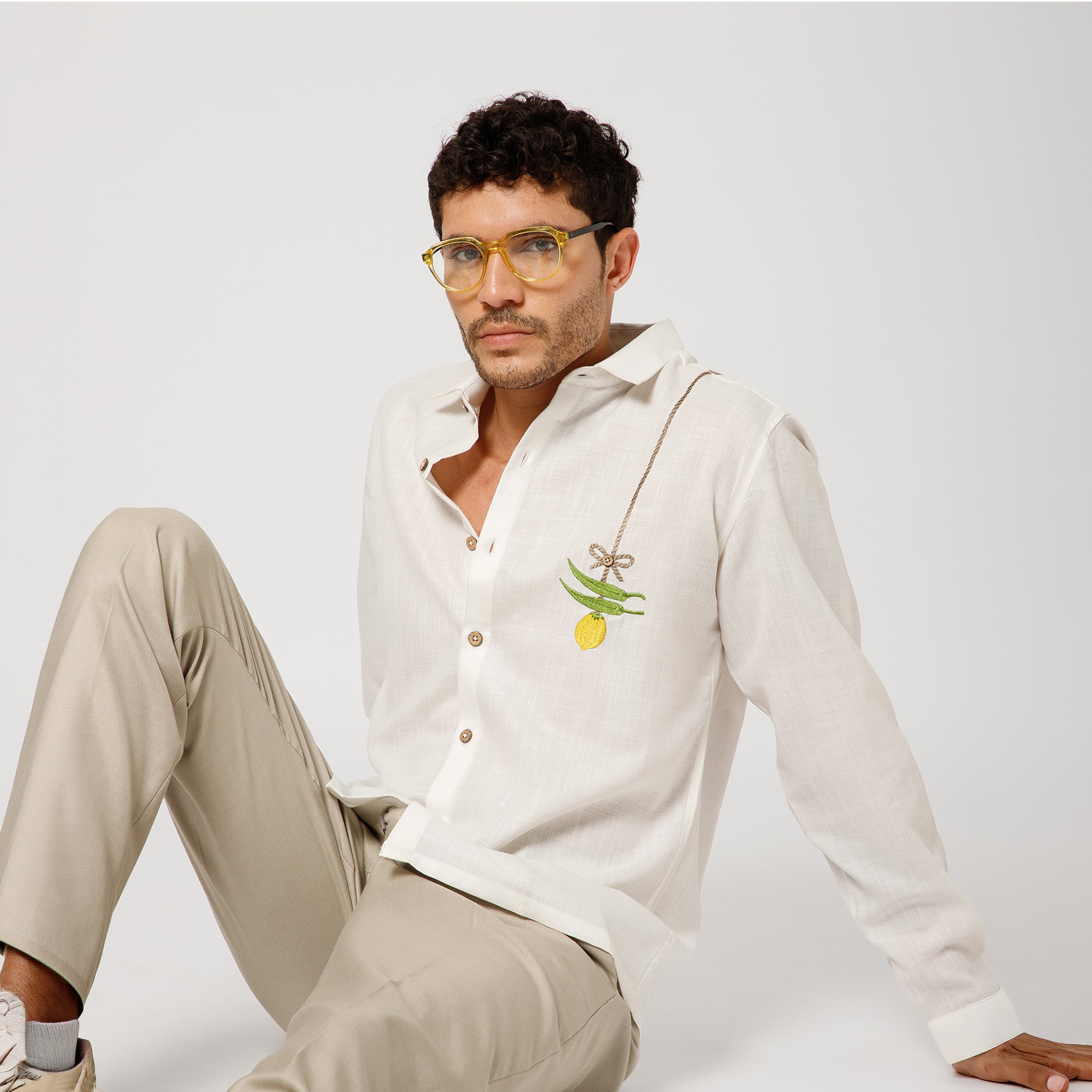 White Cotton Shirt With Nimbu Mirchi Embroidery