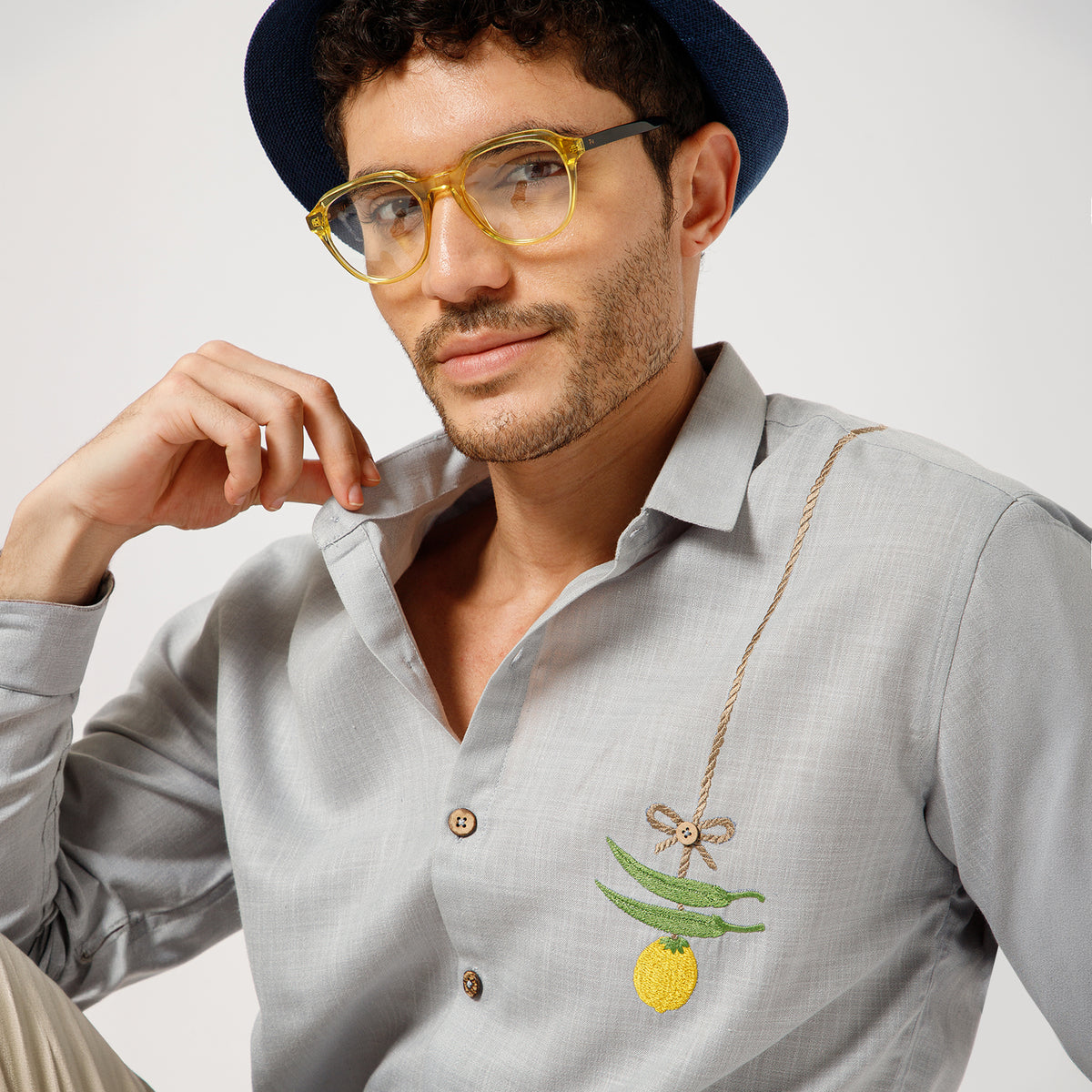 Sky Blue Cotton Shirt With Nimbu Mirchi