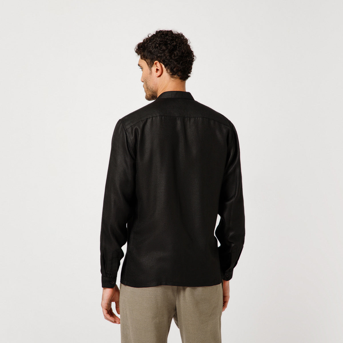 Black Cotton Linen Shirt With Dragonfly Embroidery With Pocket Detaling