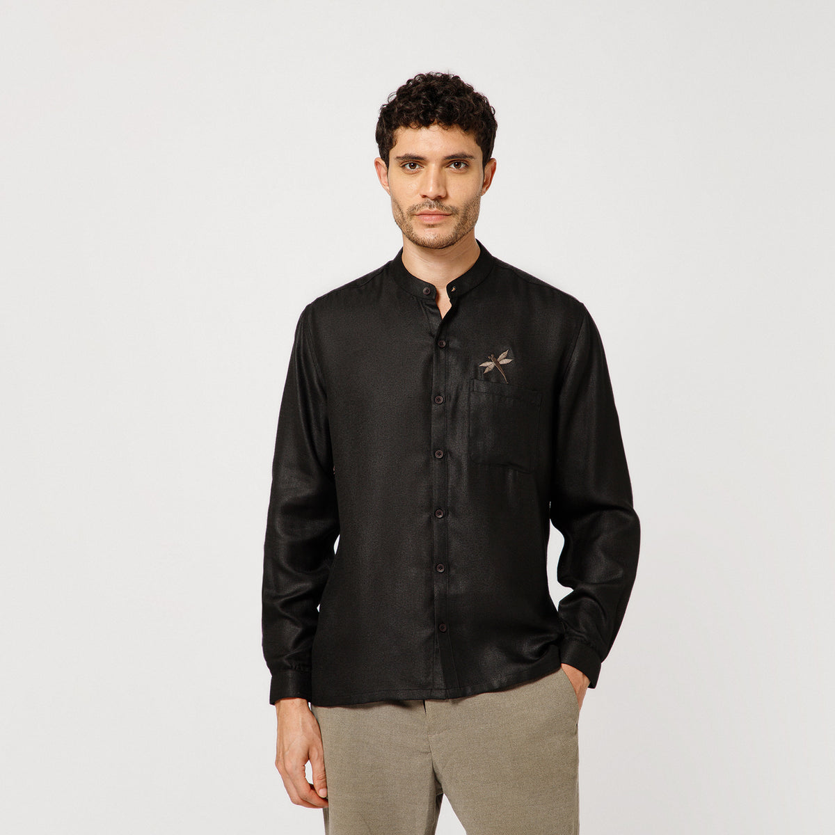 Black Cotton Linen Shirt With Dragonfly Embroidery With Pocket Detaling