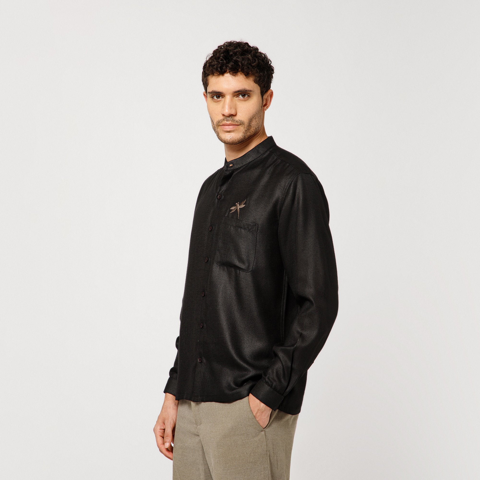 Black Cotton Linen Shirt With Dragonfly Embroidery With Pocket Detaling