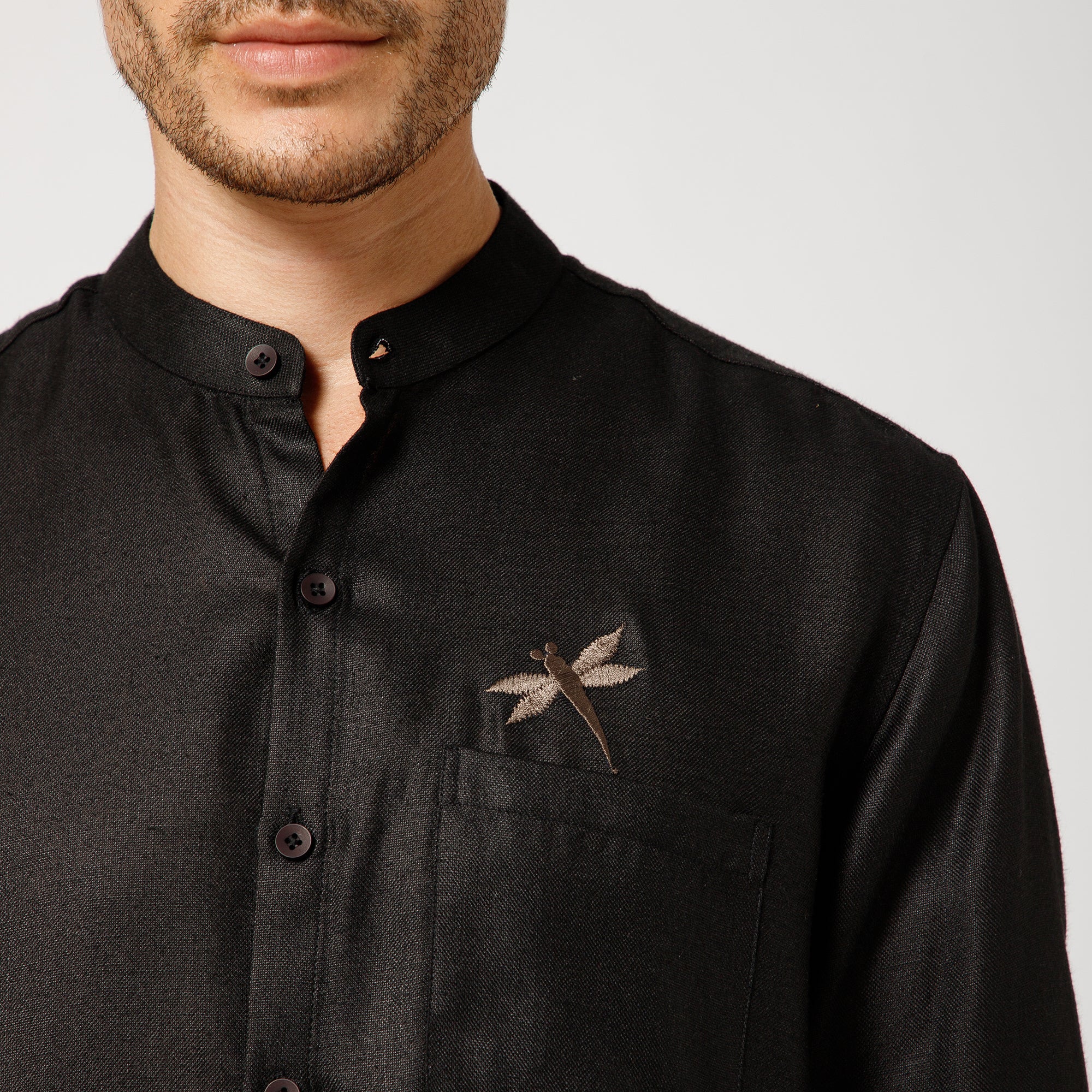 Black Cotton Linen Shirt With Dragonfly Embroidery With Pocket Detaling