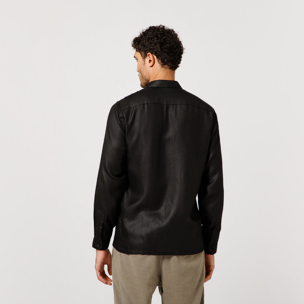 Black Cotton Linen Shirt With Textured Flower Embroidery
