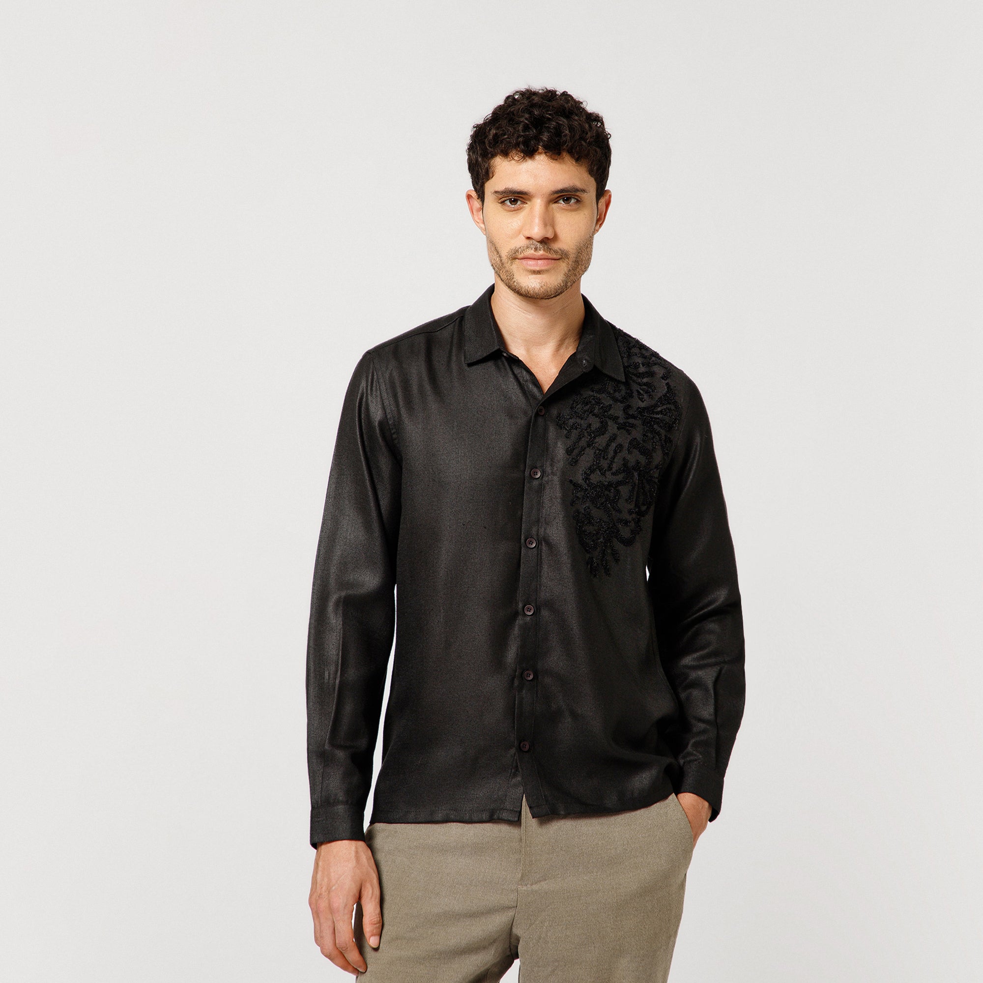 Black Cotton Linen Shirt With Textured Flower Embroidery