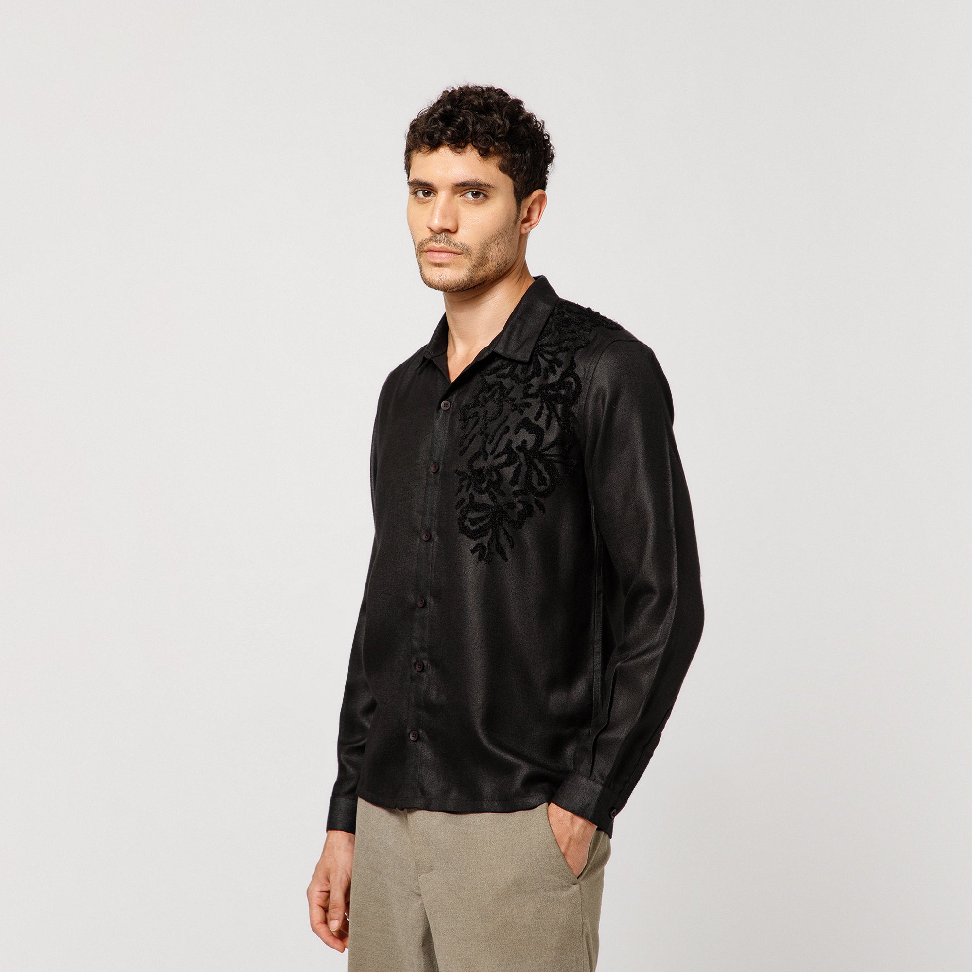 Black Cotton Linen Shirt With Textured Flower Embroidery