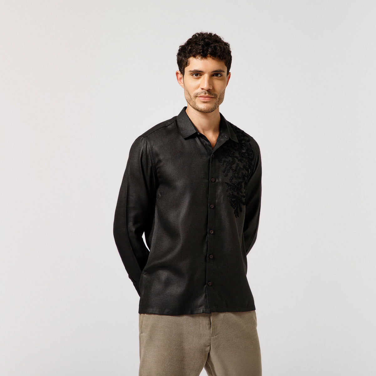 Black Cotton Linen Shirt With Textured Flower Embroidery
