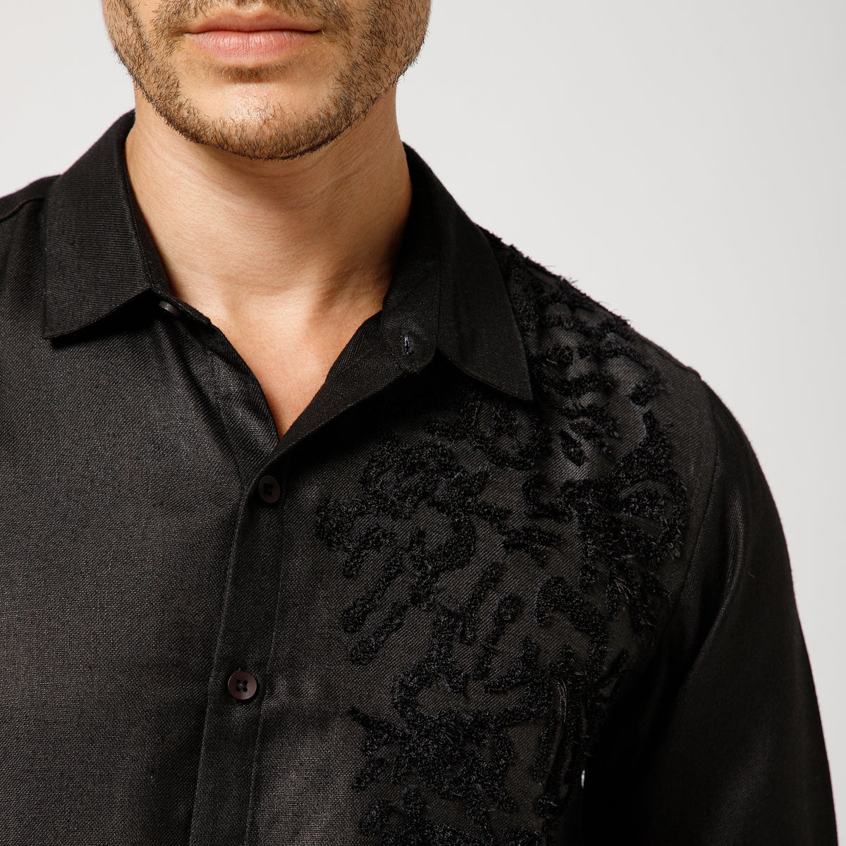 Black Cotton Linen Shirt With Textured Flower Embroidery