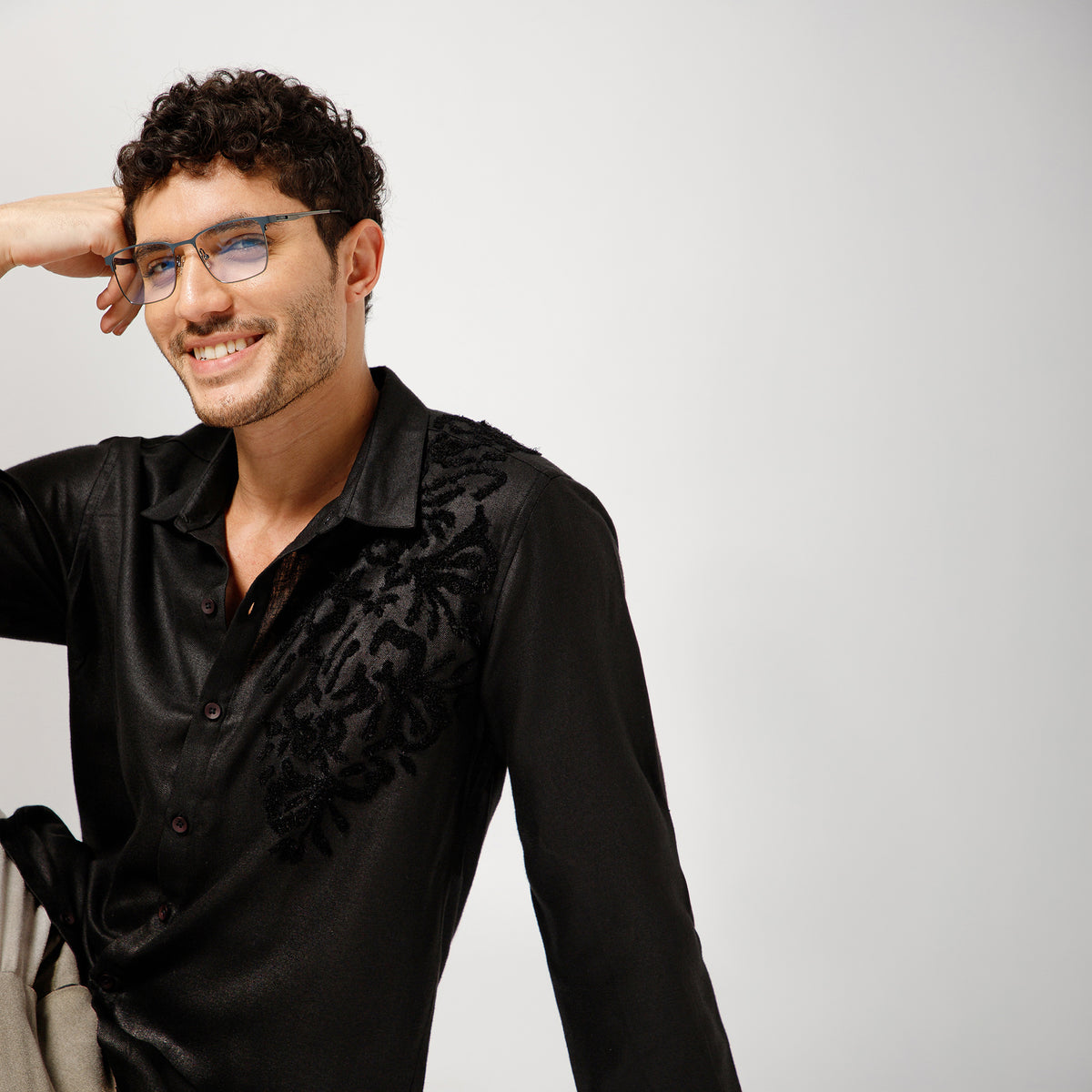Black Cotton Linen Shirt With Textured Flower Embroidery