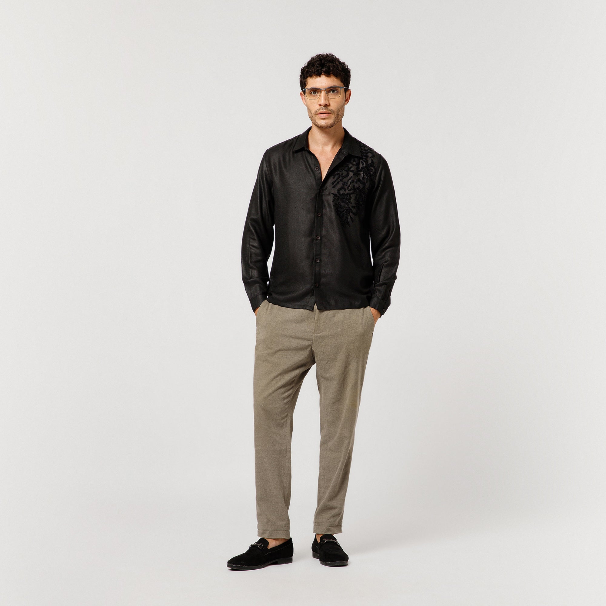 Black Cotton Linen Shirt With Textured Flower Embroidery