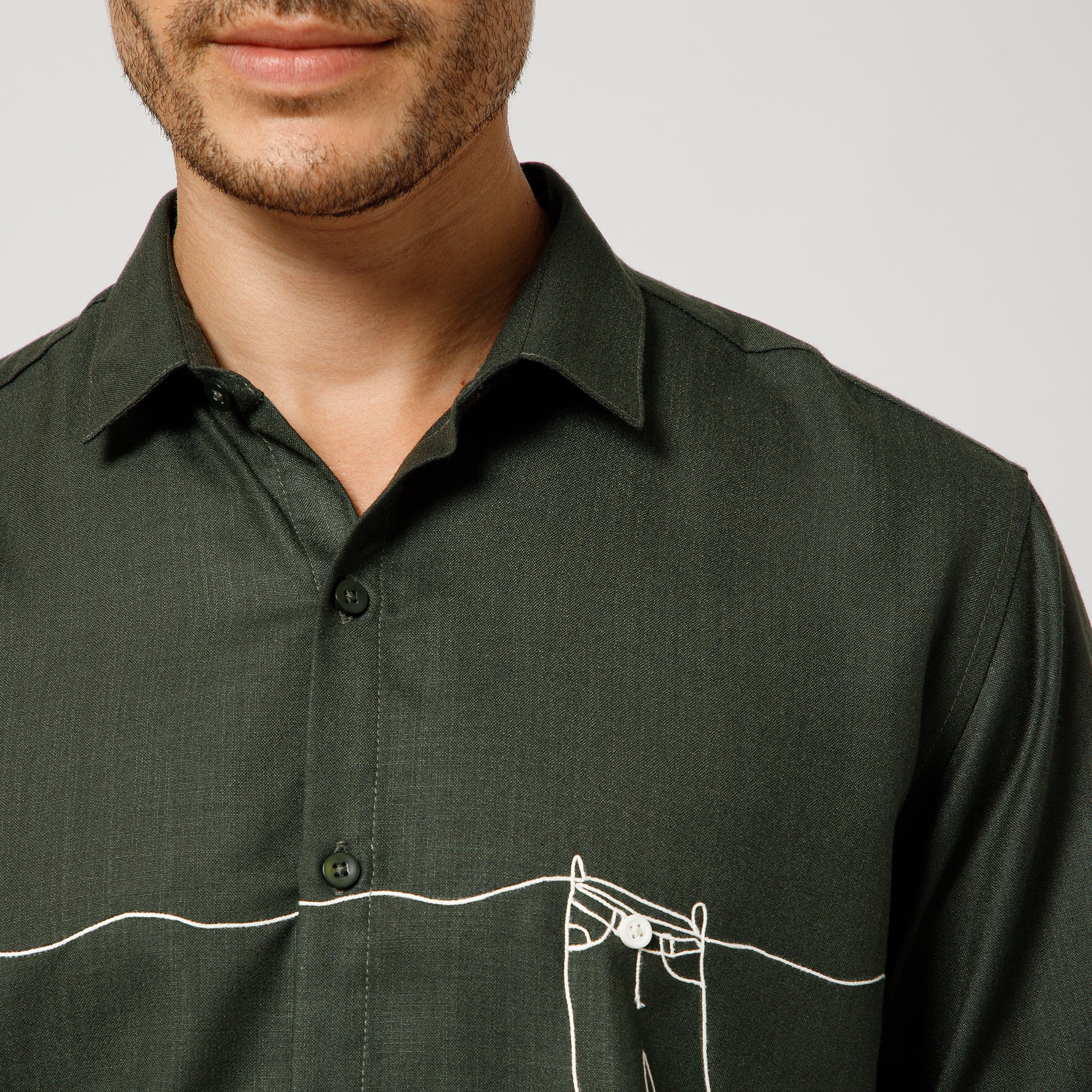 Bottel Green Cotton Shirt With Pant Hang Embroidery