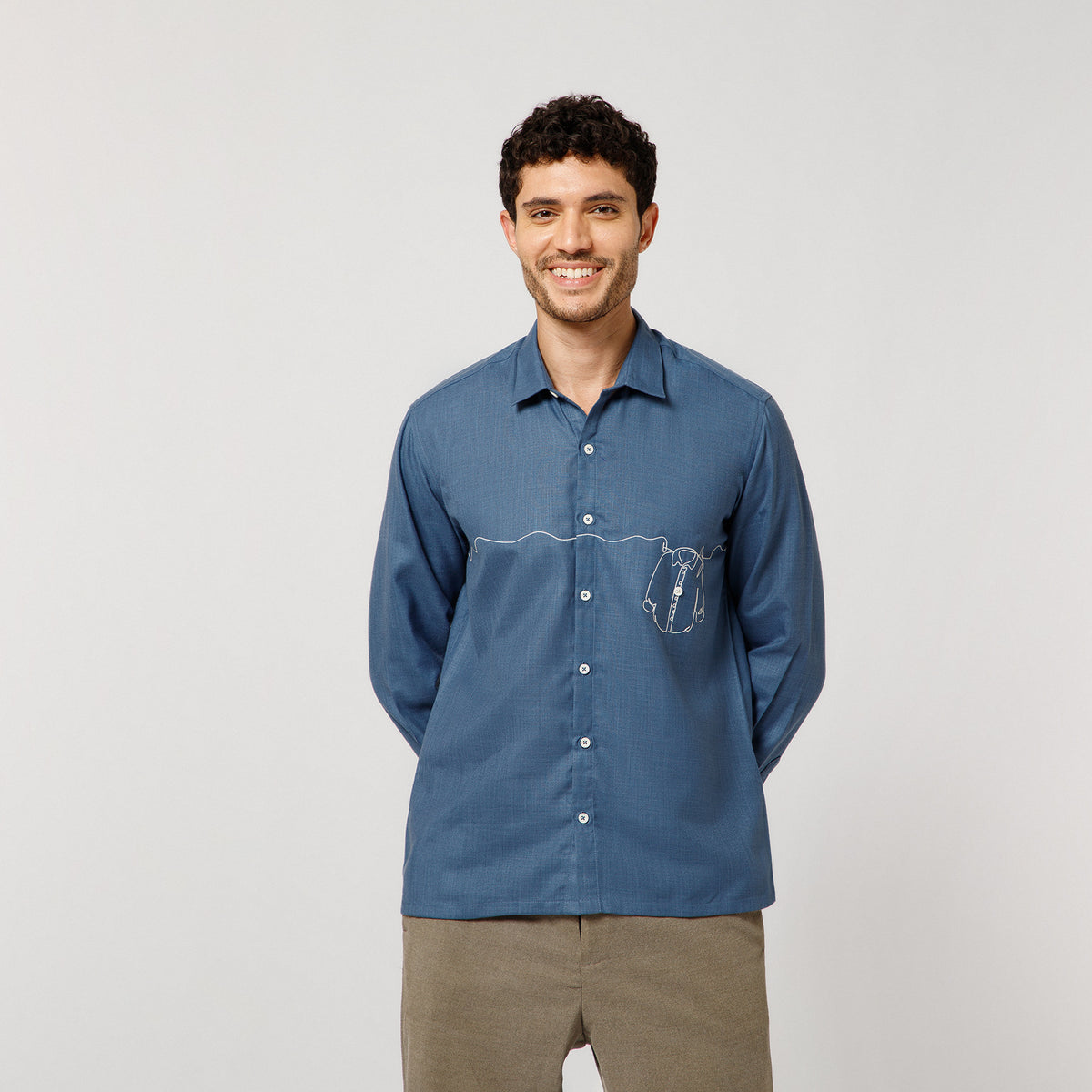 Blue Cotton Shirt With Hanging Shirt Embroidery