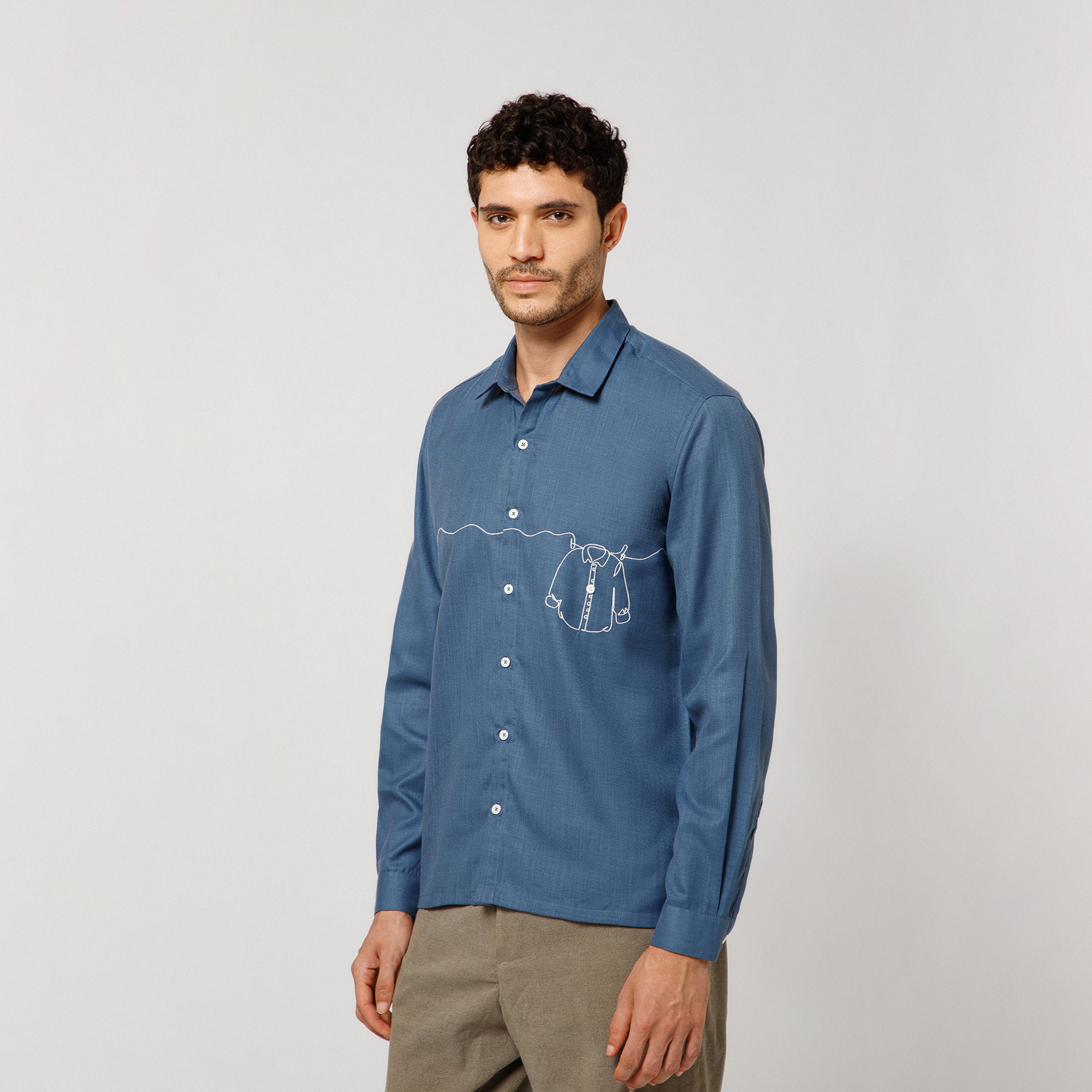 Blue Cotton Shirt With Hanging Shirt Embroidery