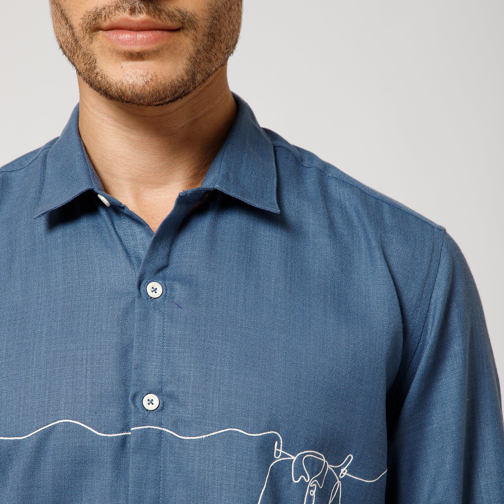 Blue Cotton Shirt With Hanging Shirt Embroidery