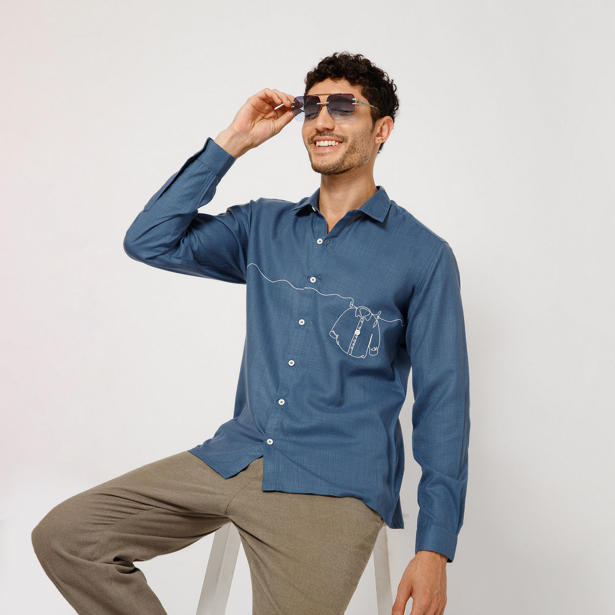 Blue Cotton Shirt With Hanging Shirt Embroidery