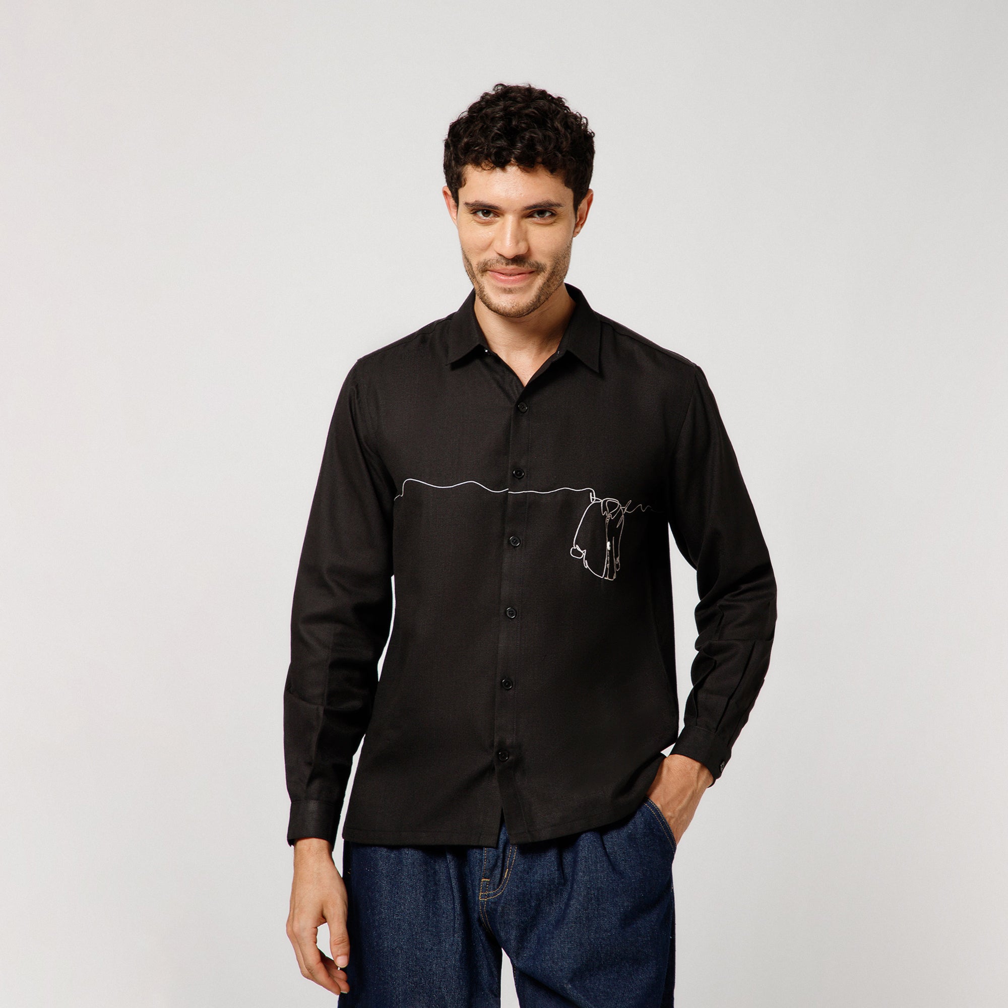 Black Cotton Shirt With Hanging Shirt Embroidery