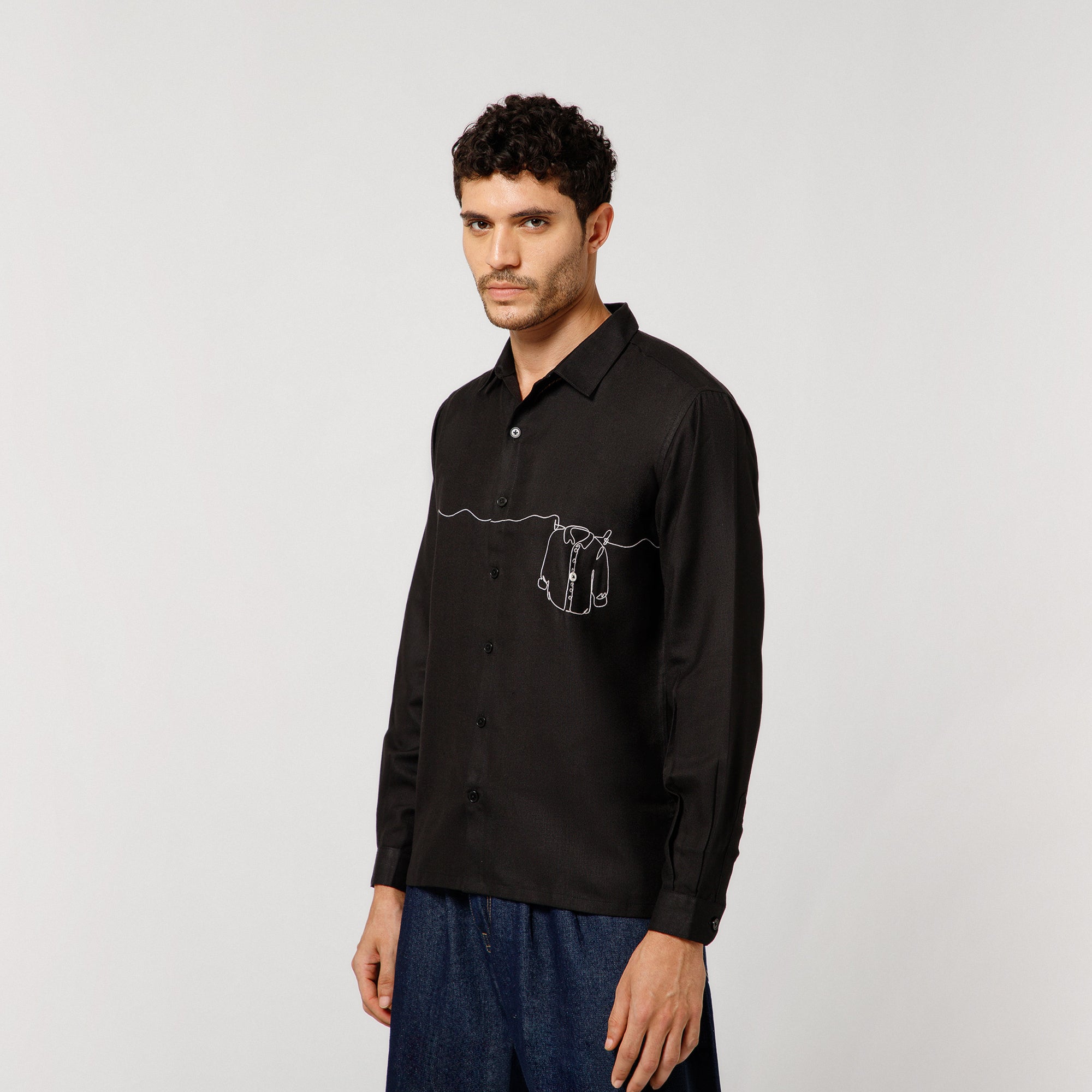 Black Cotton Shirt With Hanging Shirt Embroidery