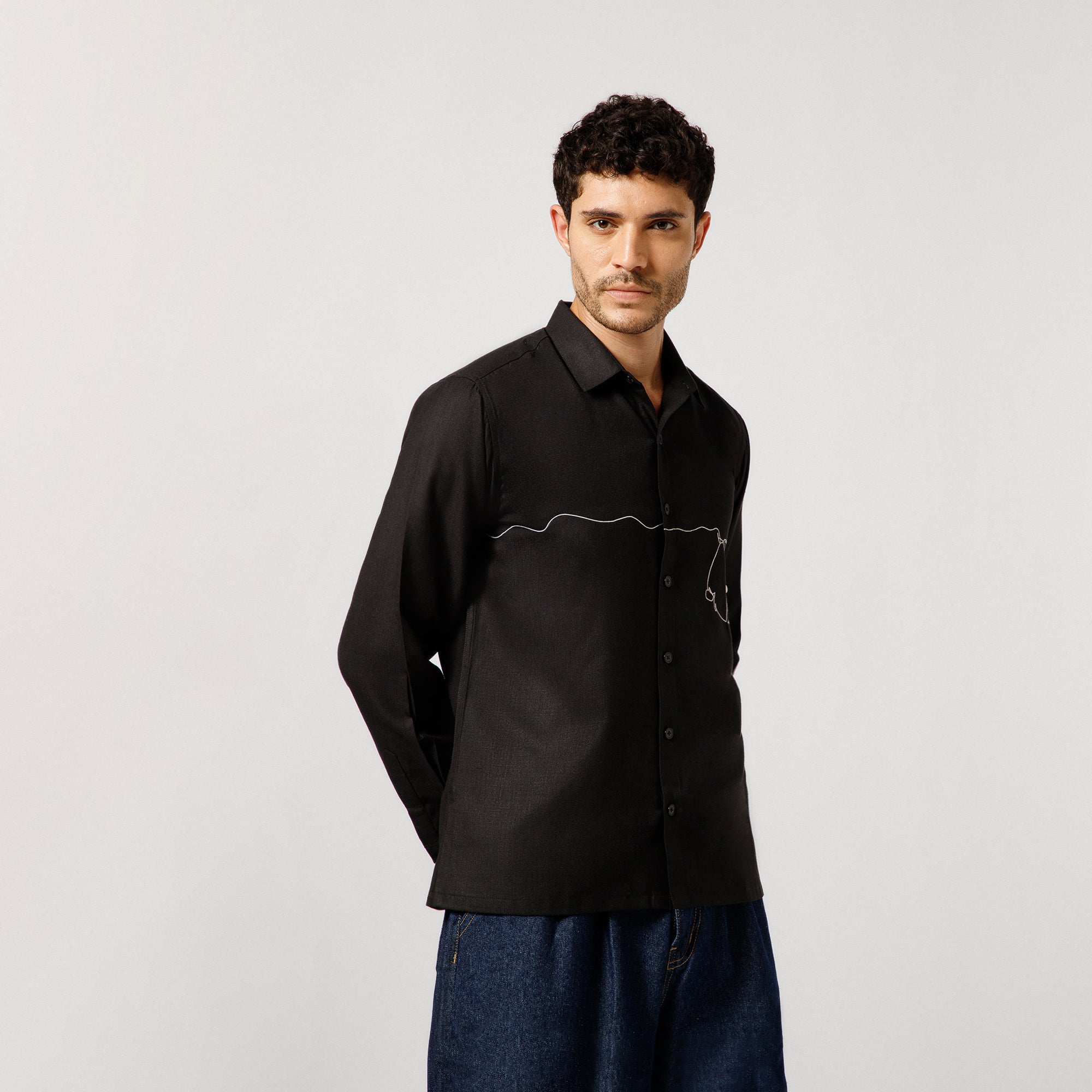 Black Cotton Shirt With Hanging Shirt Embroidery