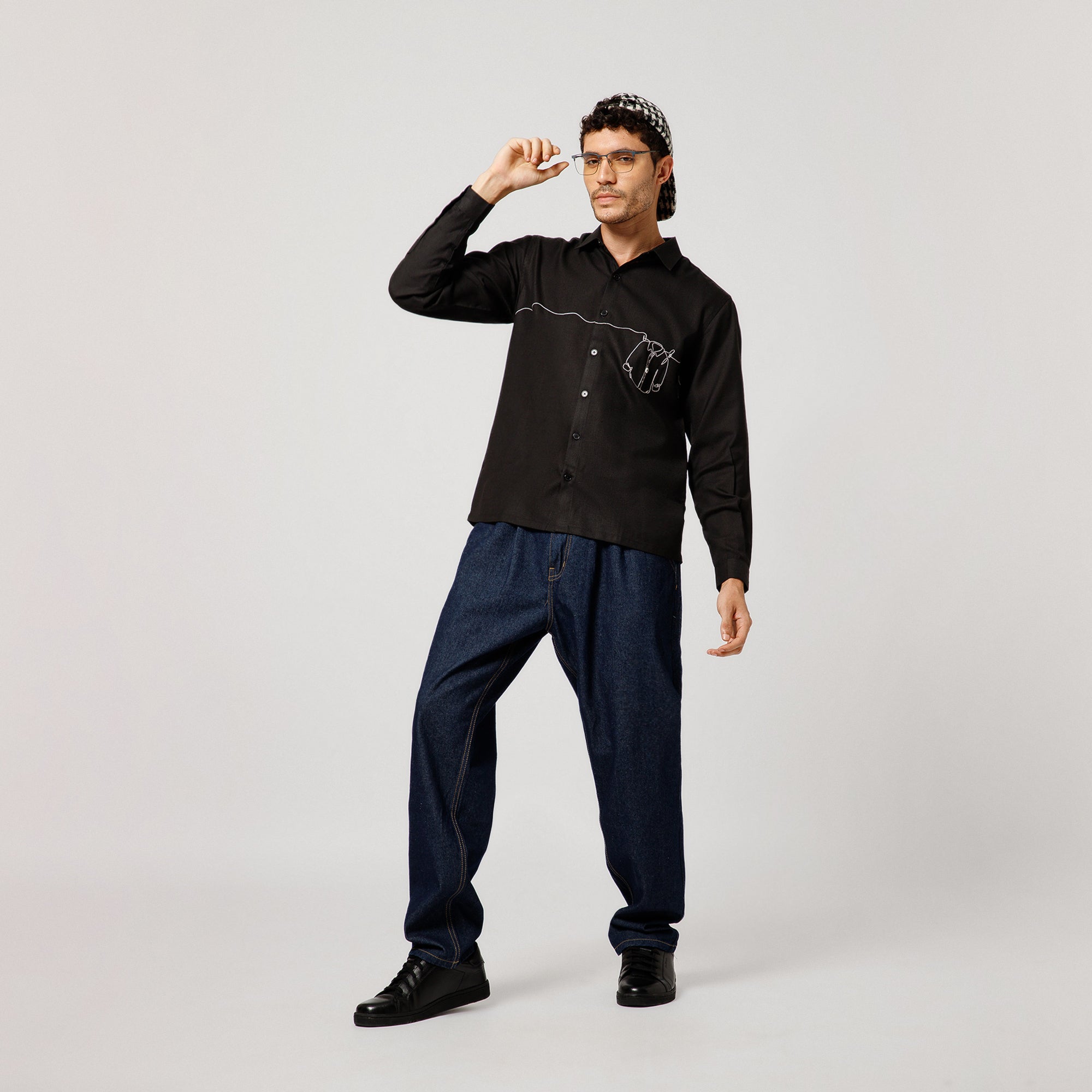Black Cotton Shirt With Hanging Shirt Embroidery