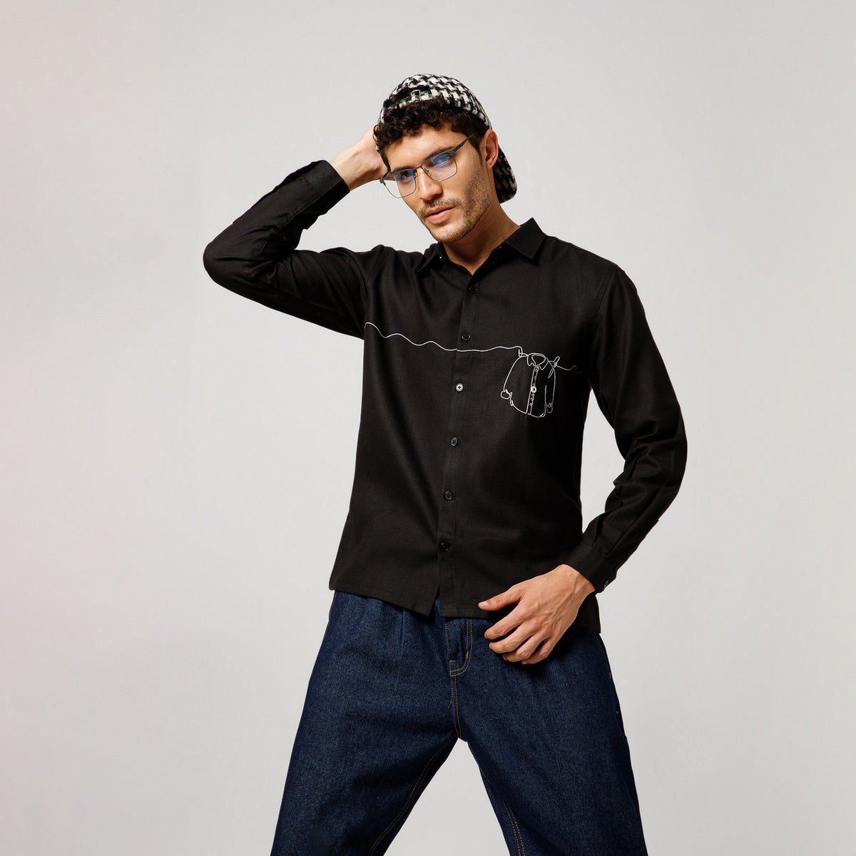 Black Cotton Shirt With Hanging Shirt Embroidery