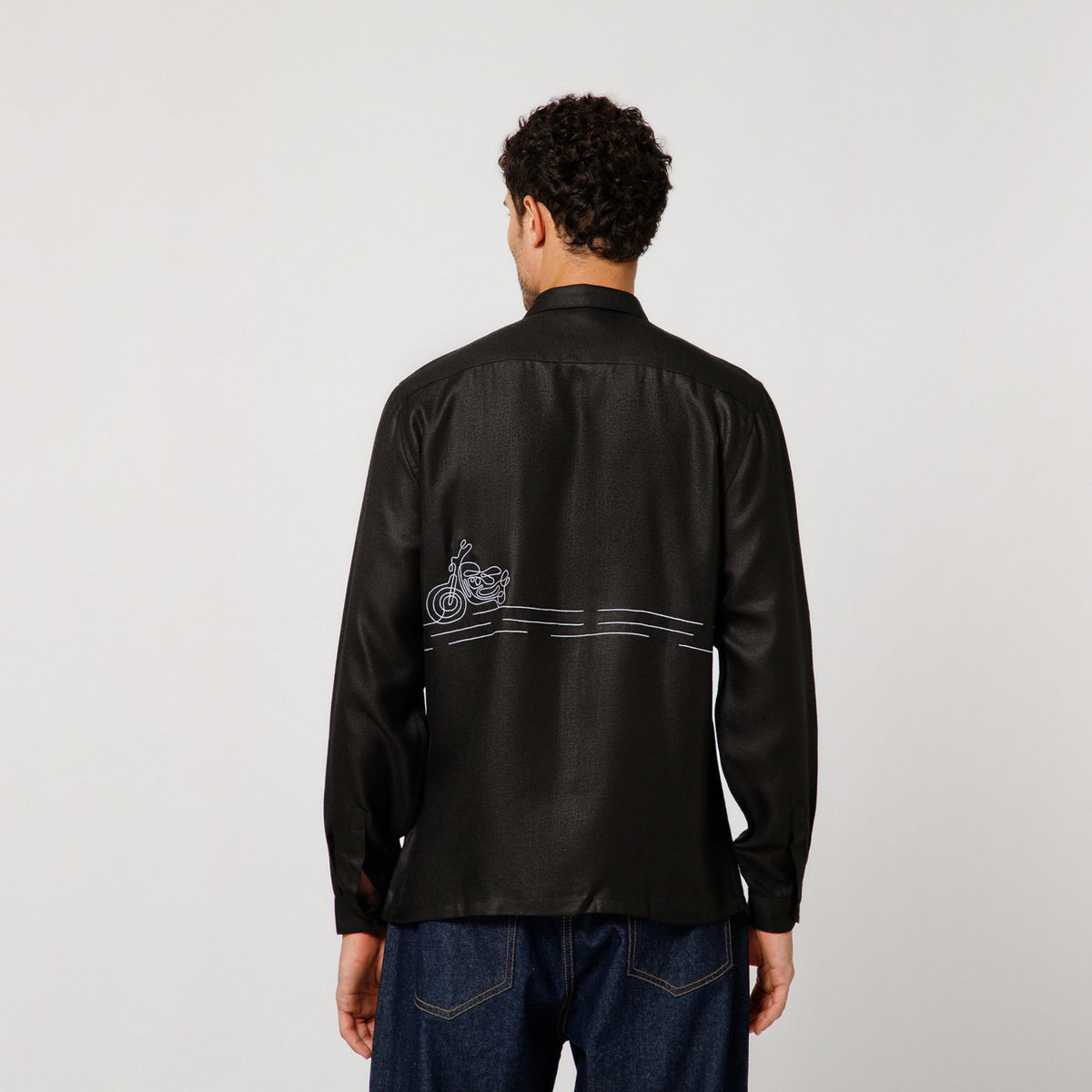Black Cotton Linen Shirt Road Map With Bike  Embroidery