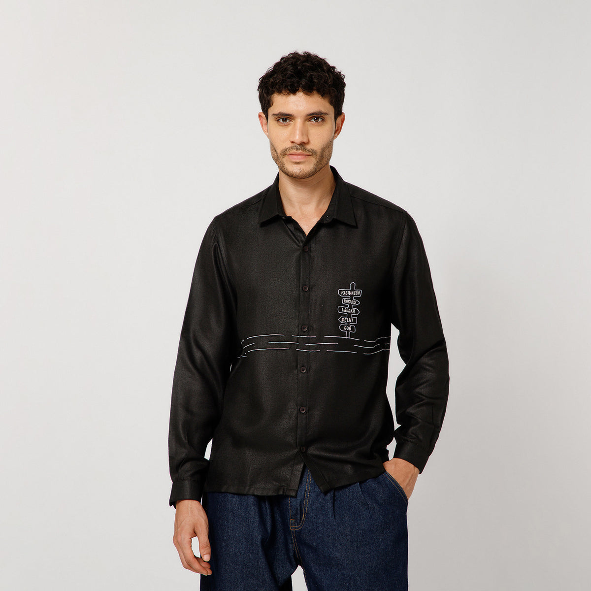 Black Cotton Linen Shirt Road Map With Bike  Embroidery