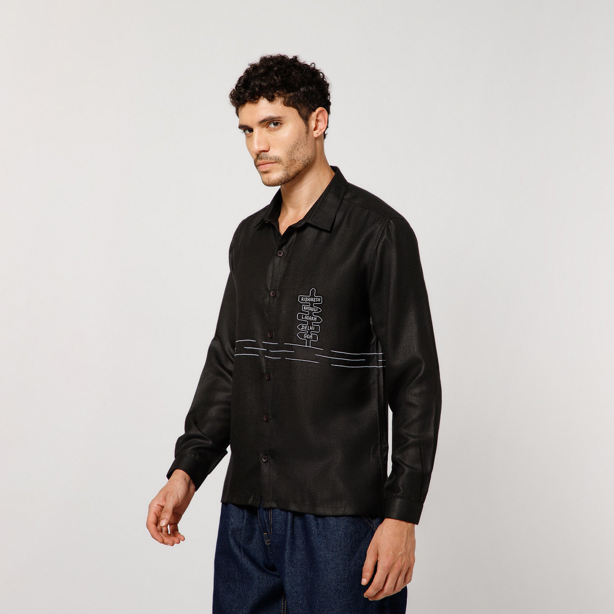 Black Cotton Linen Shirt Road Map With Bike  Embroidery