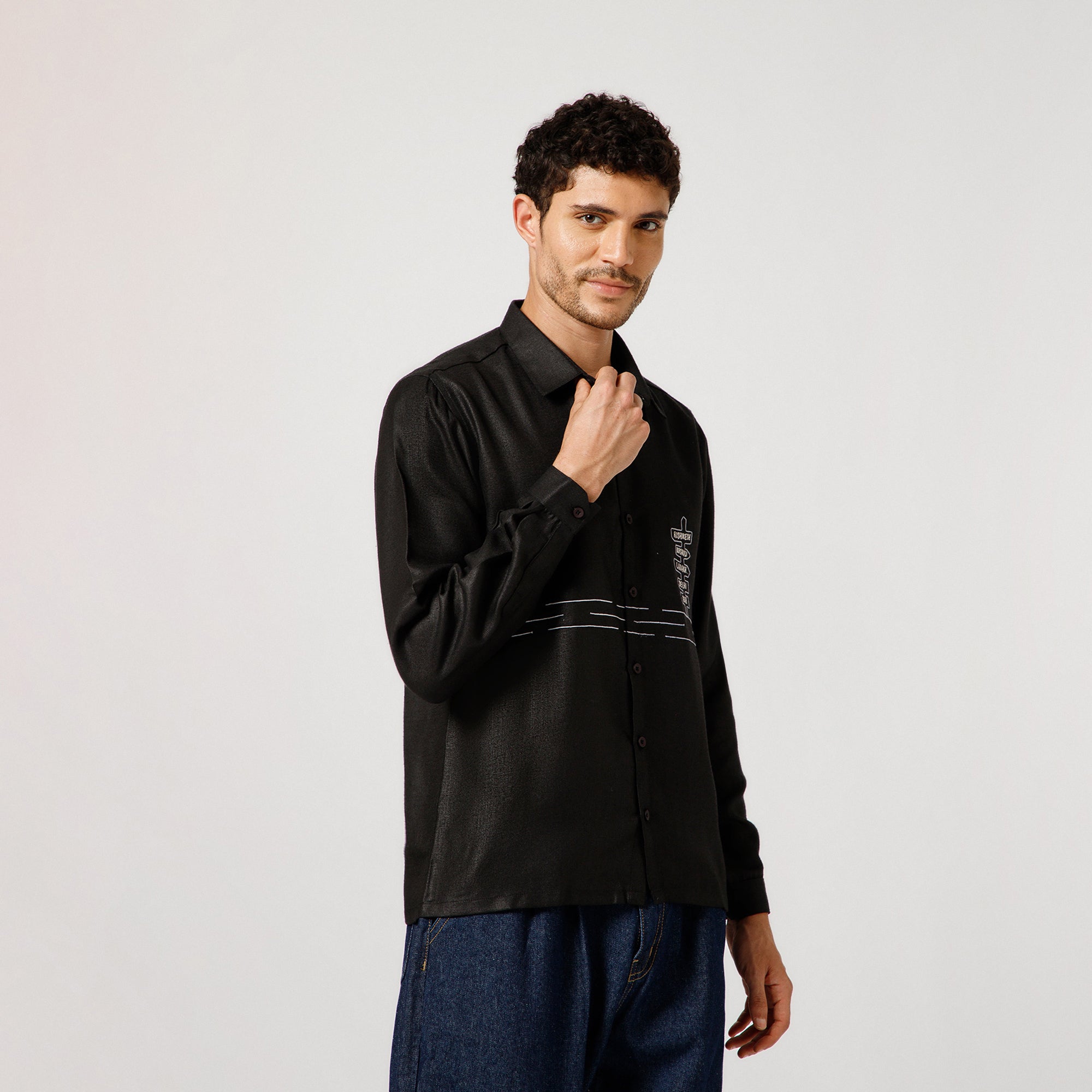 Black Cotton Linen Shirt Road Map With Bike  Embroidery