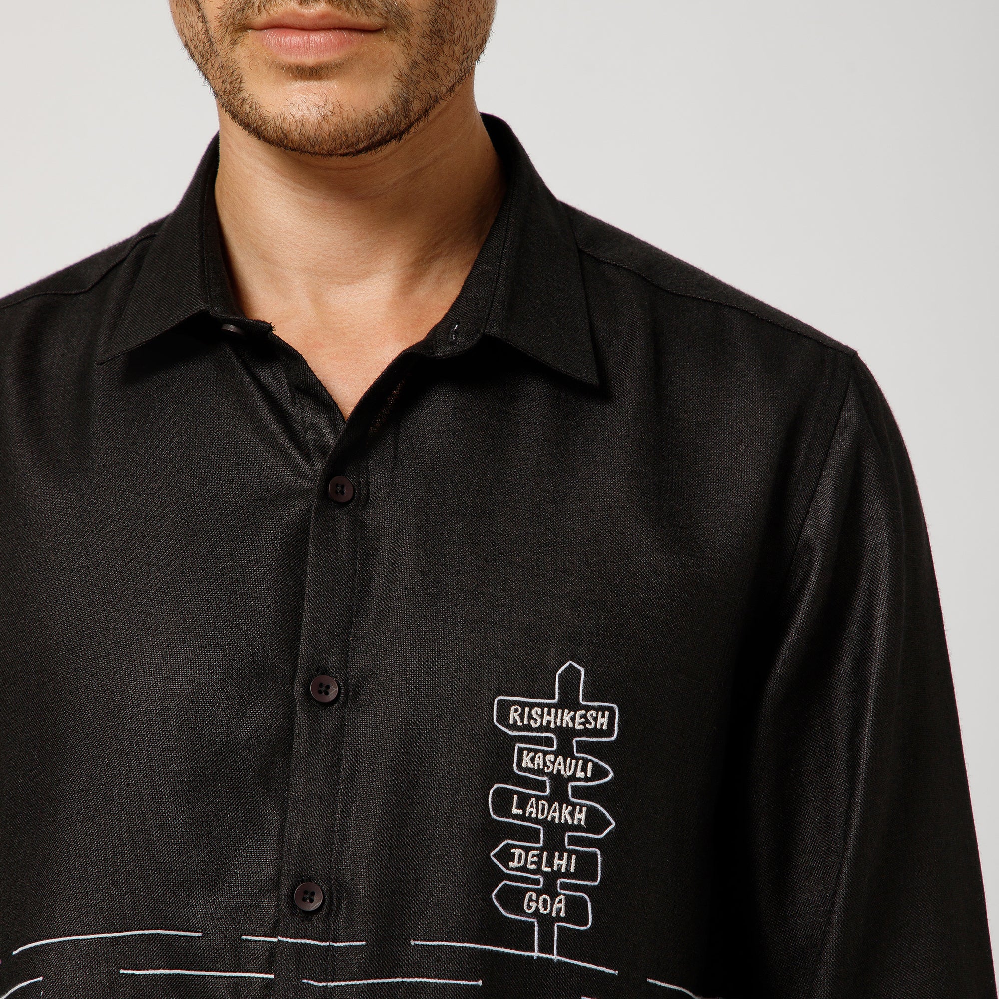 Black Cotton Linen Shirt Road Map With Bike  Embroidery