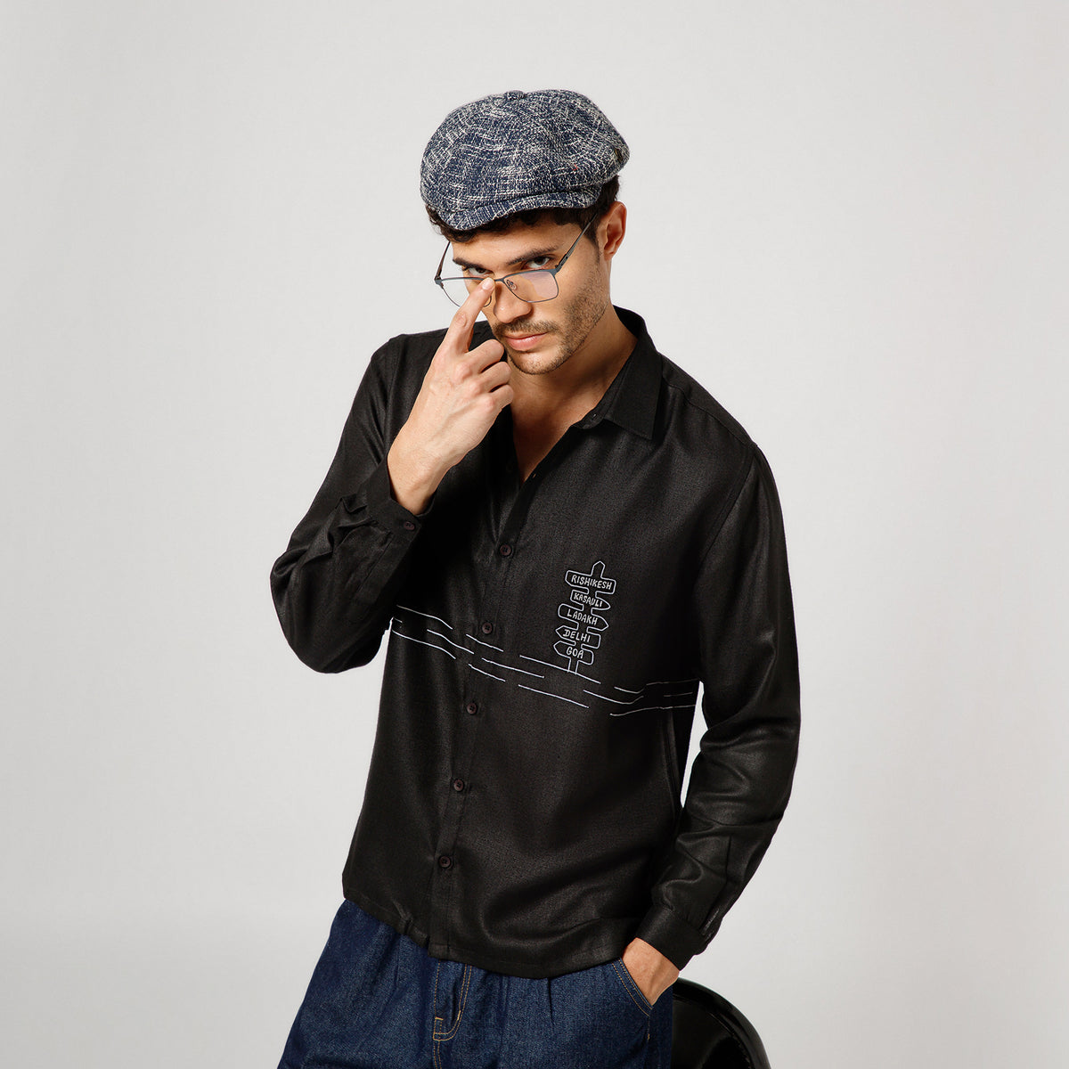 Black Cotton Linen Shirt Road Map With Bike  Embroidery
