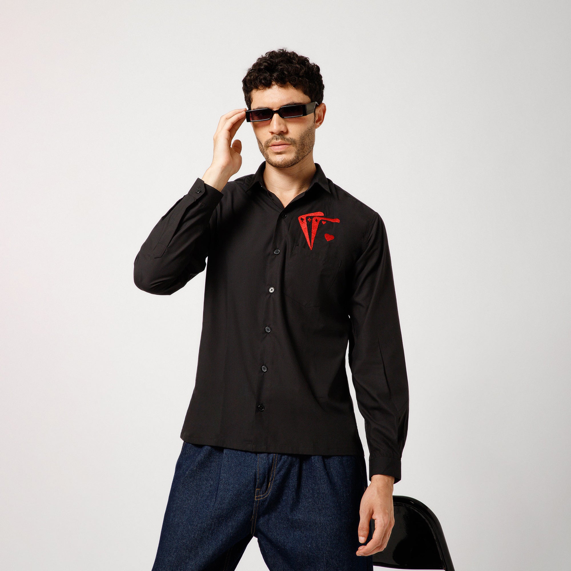 Black Cotton Shirt With Card Party Embroidery
