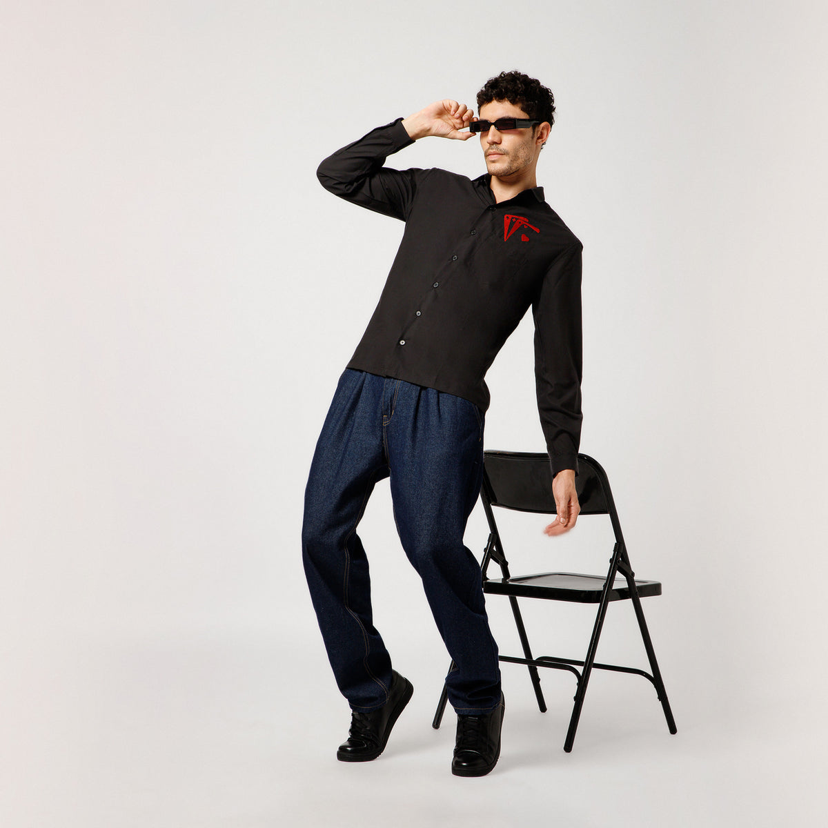 Black Cotton Shirt With Card Party Embroidery