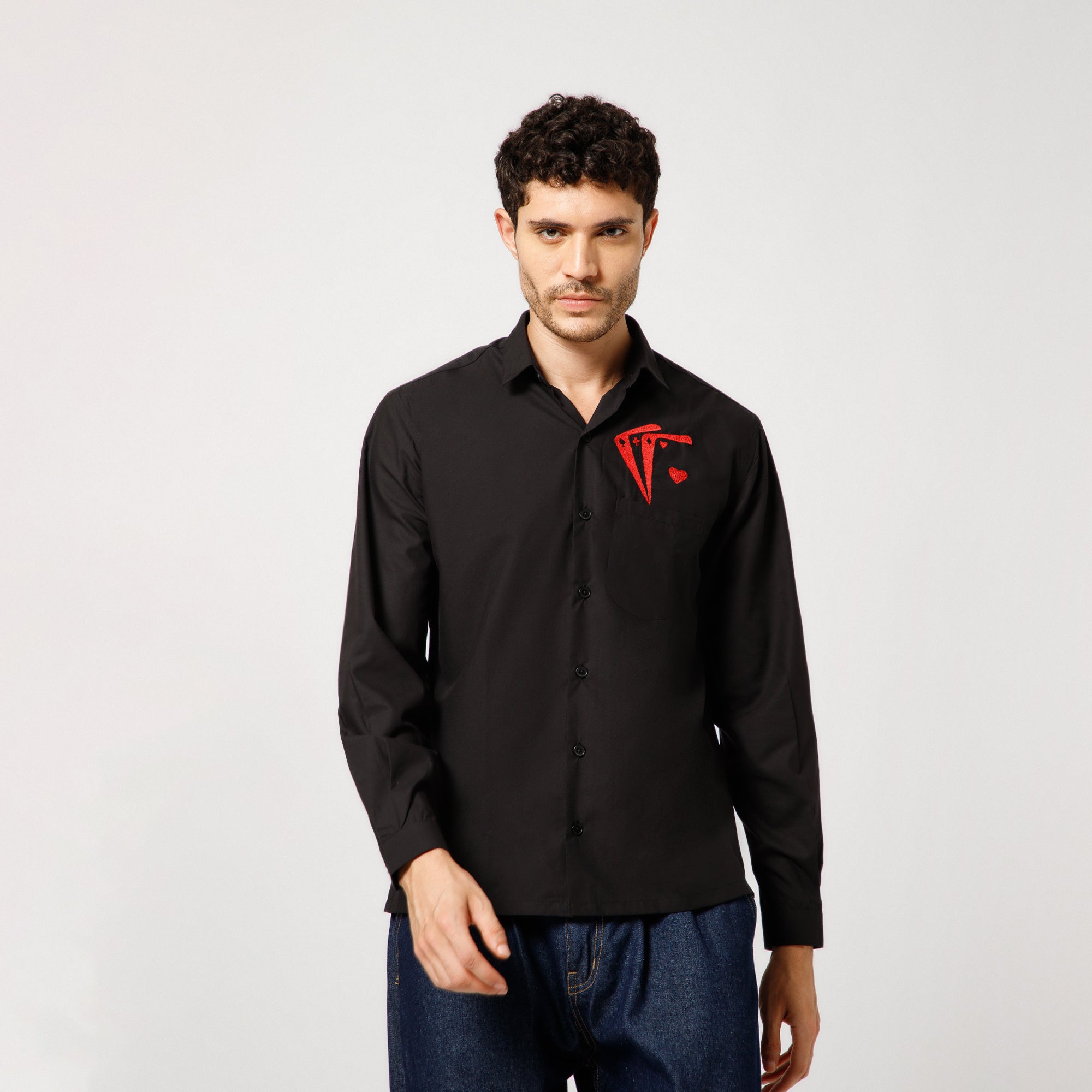 Black Cotton Shirt With Card Party Embroidery