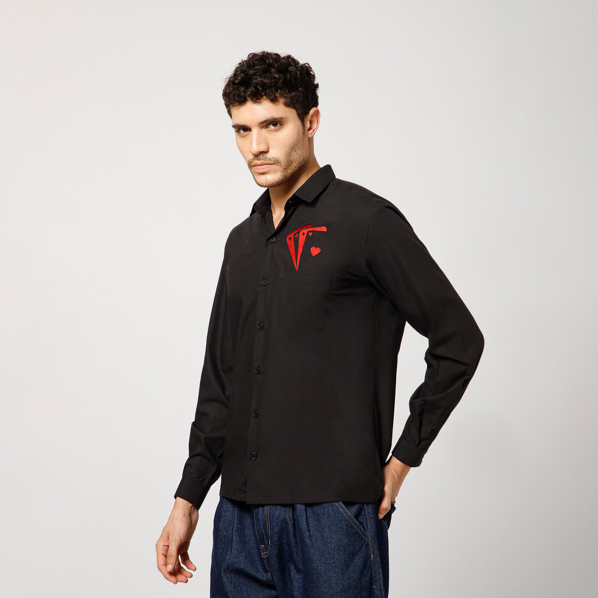 Black Cotton Shirt With Card Party Embroidery