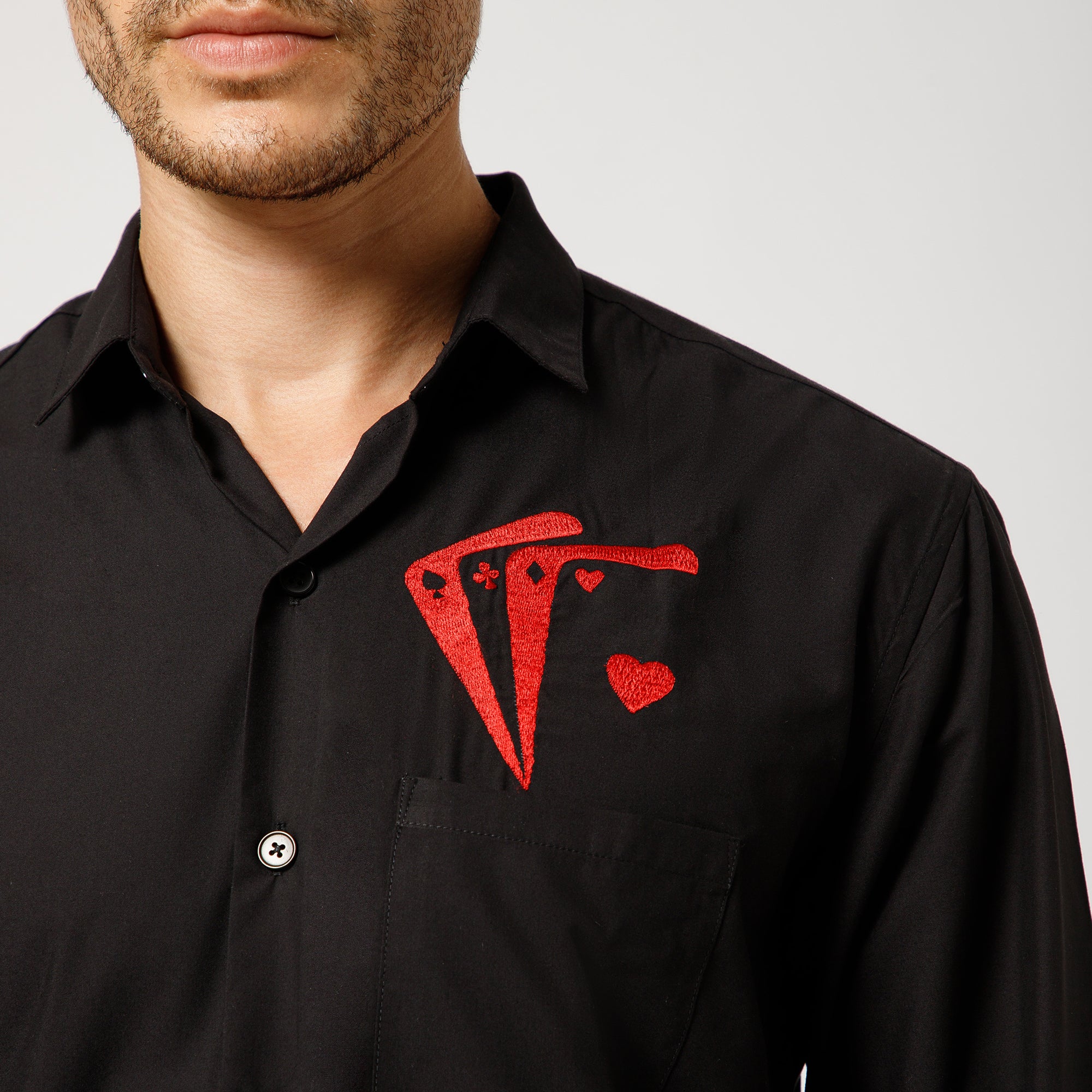 Black Cotton Shirt With Card Party Embroidery