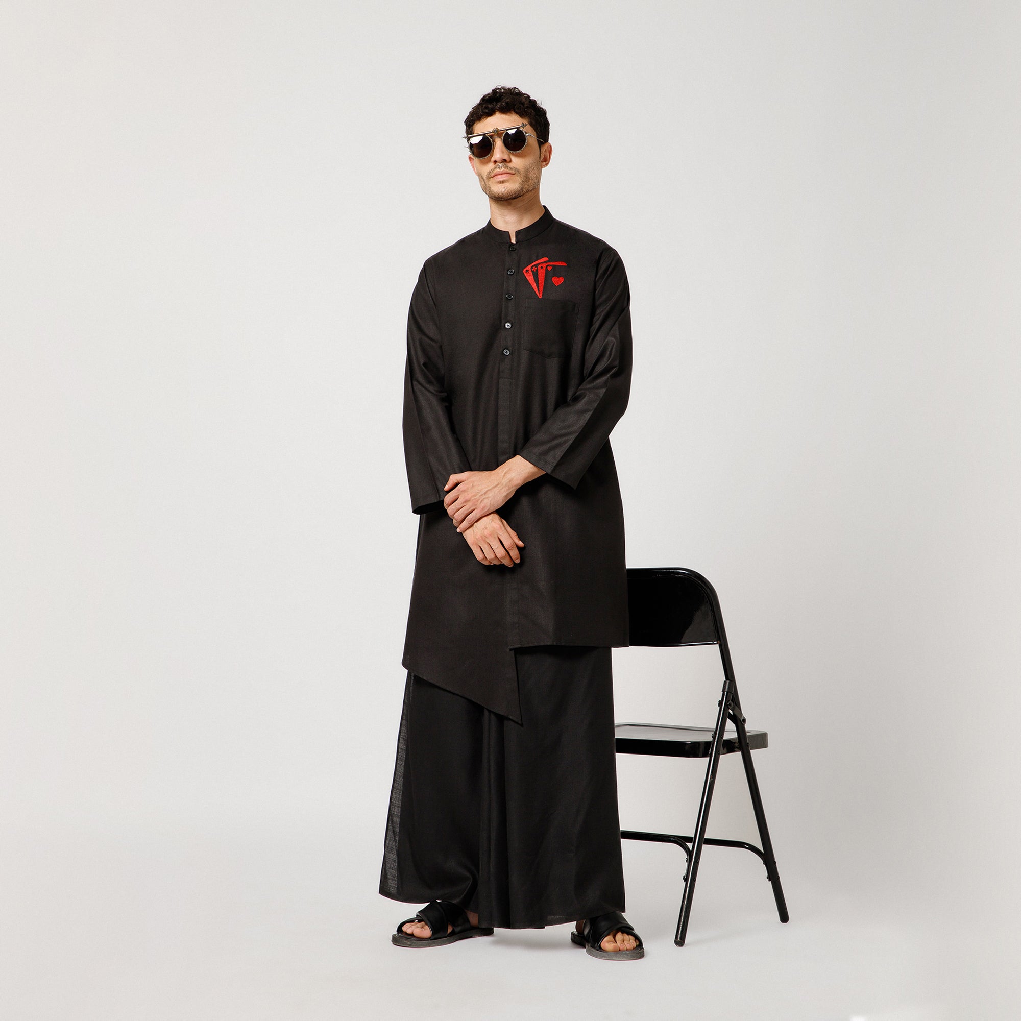 Black Cotton Kurta With Card Embroidery