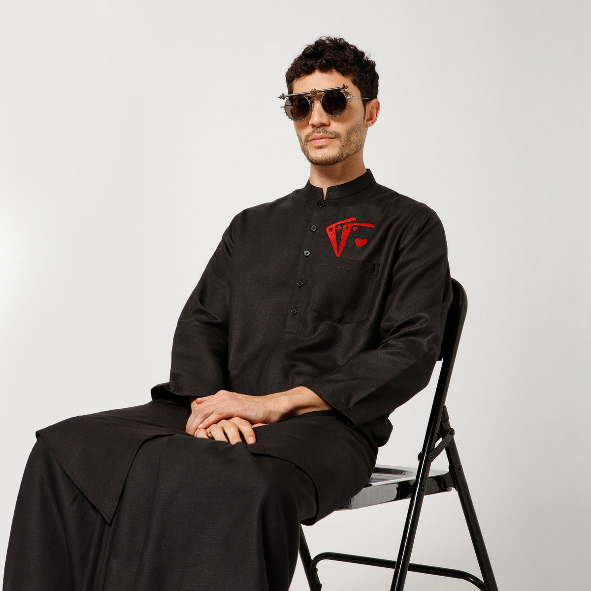Black Cotton Kurta With Card Embroidery