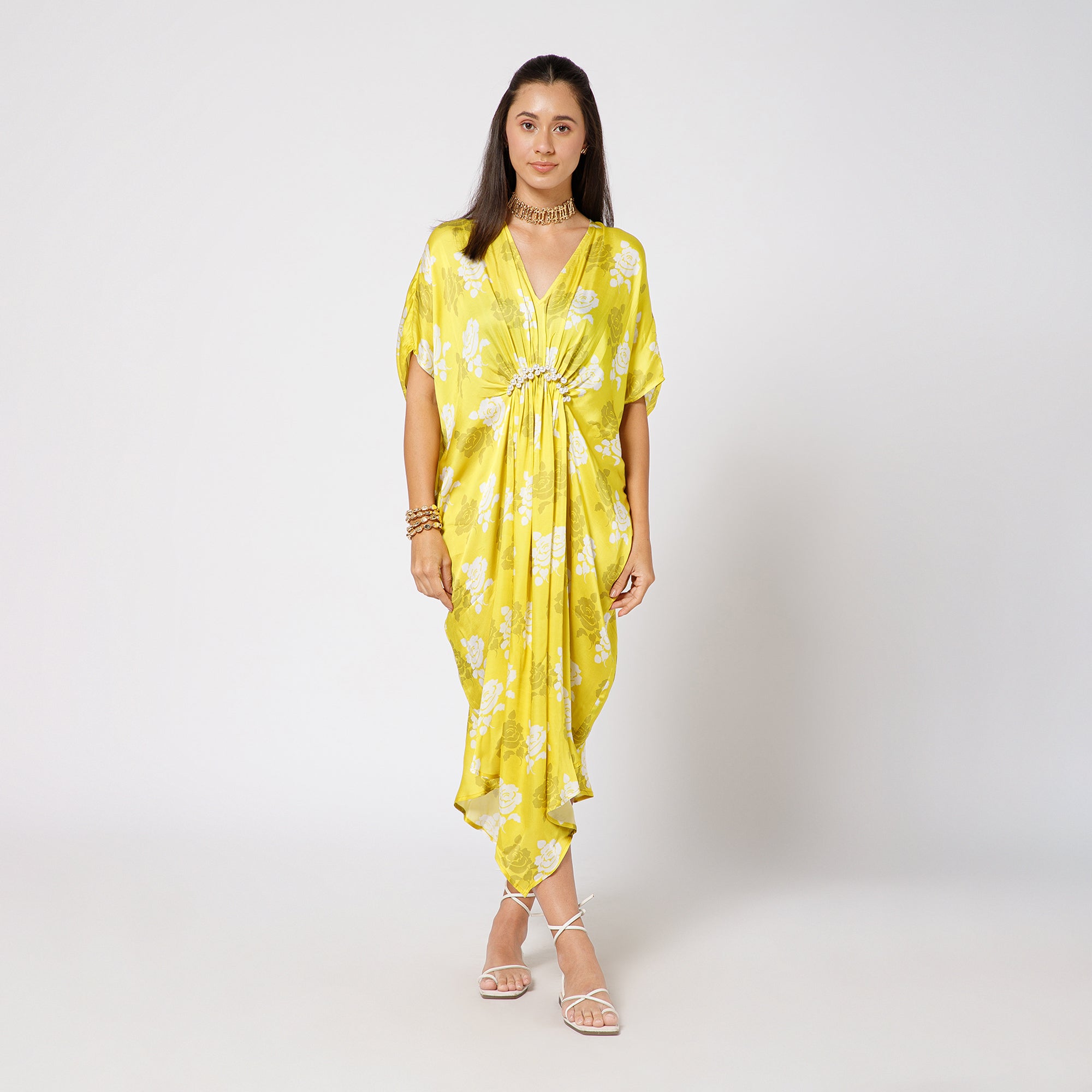 Yellow Satin Kaftan With Pearls