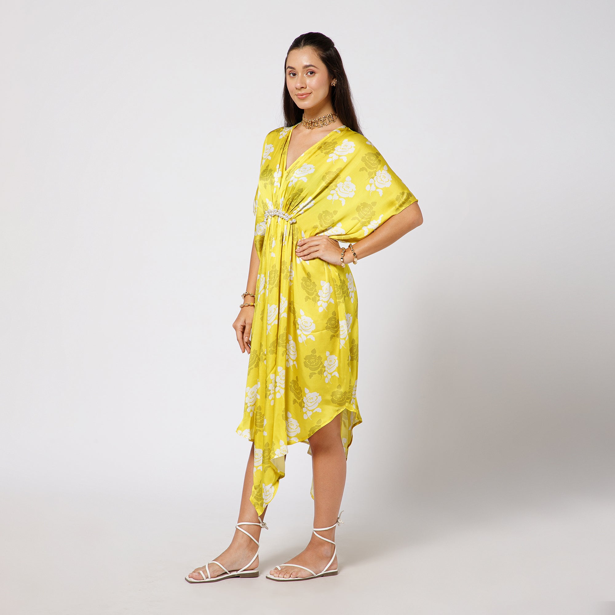 Yellow Satin Kaftan With Pearls