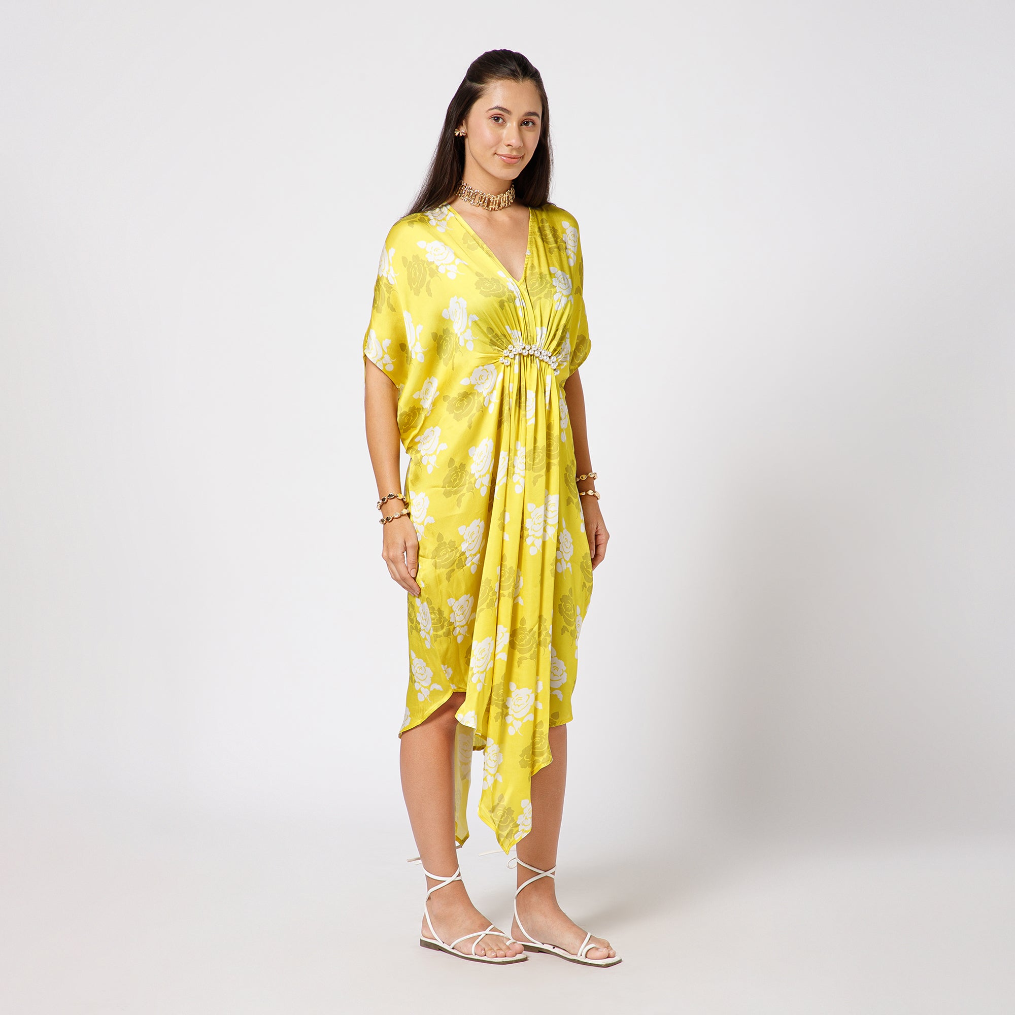 Yellow Satin Kaftan With Pearls