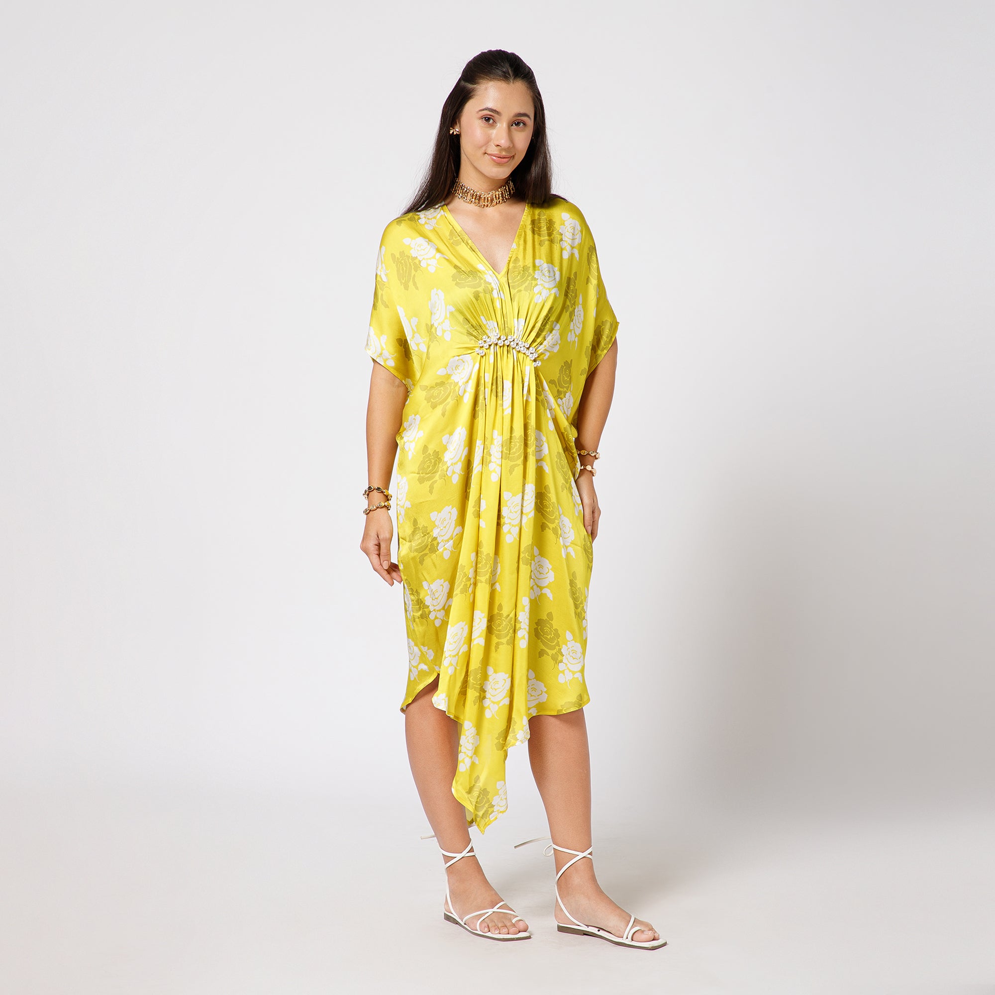 Yellow Satin Kaftan With Pearls