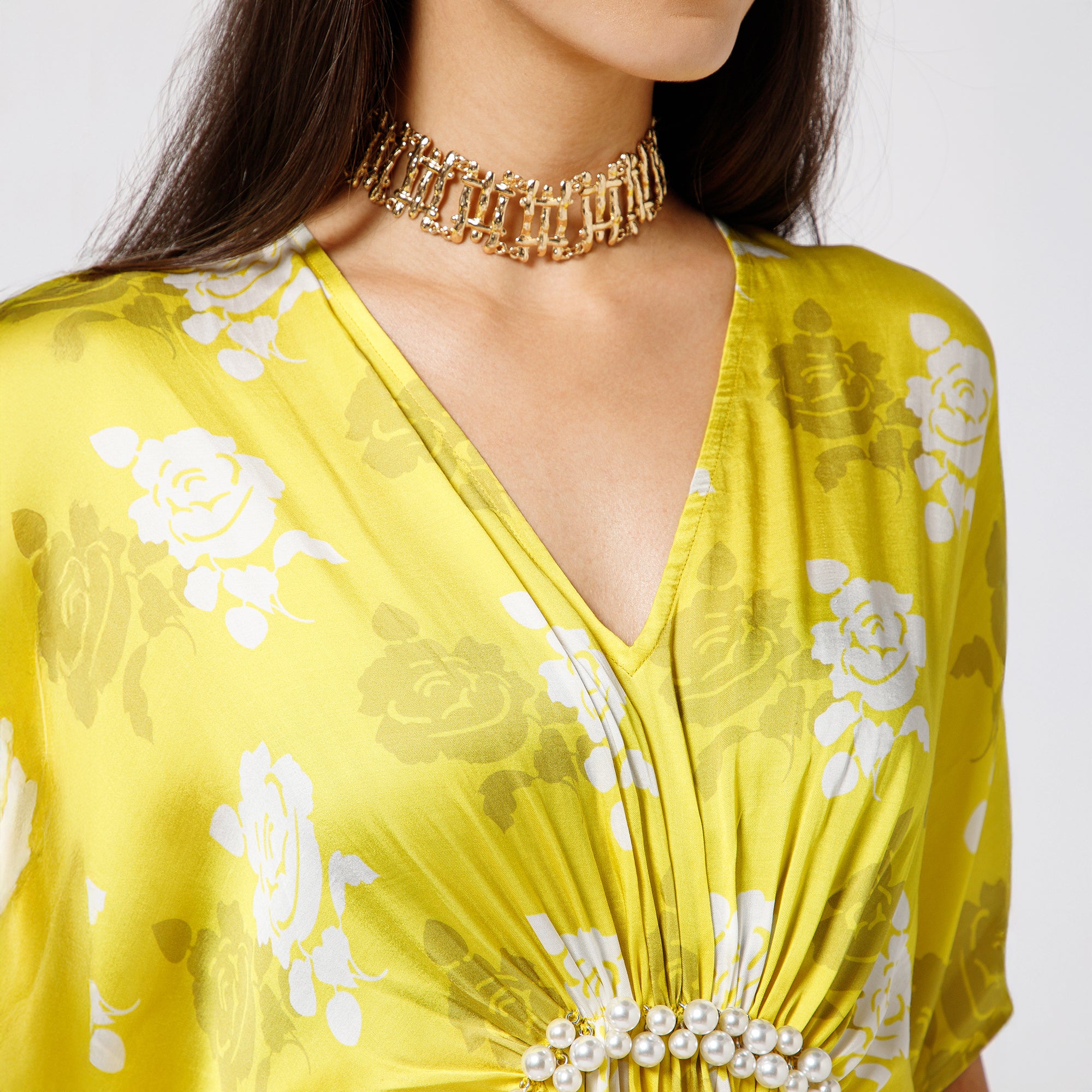Yellow Satin Kaftan With Pearls