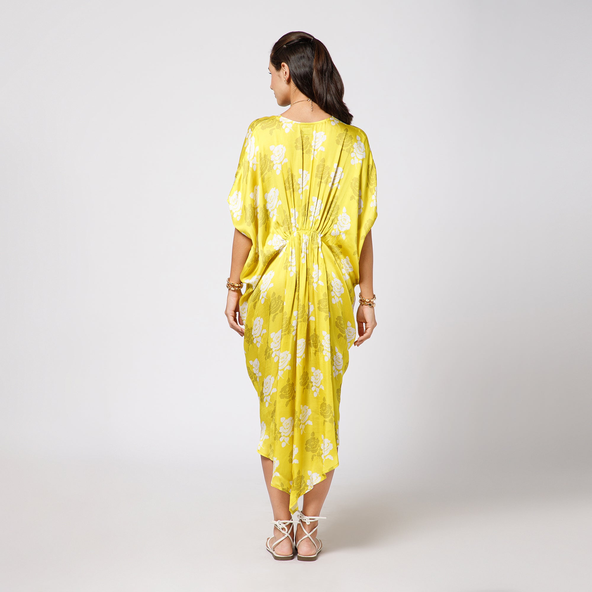 Yellow Satin Kaftan With Pearls