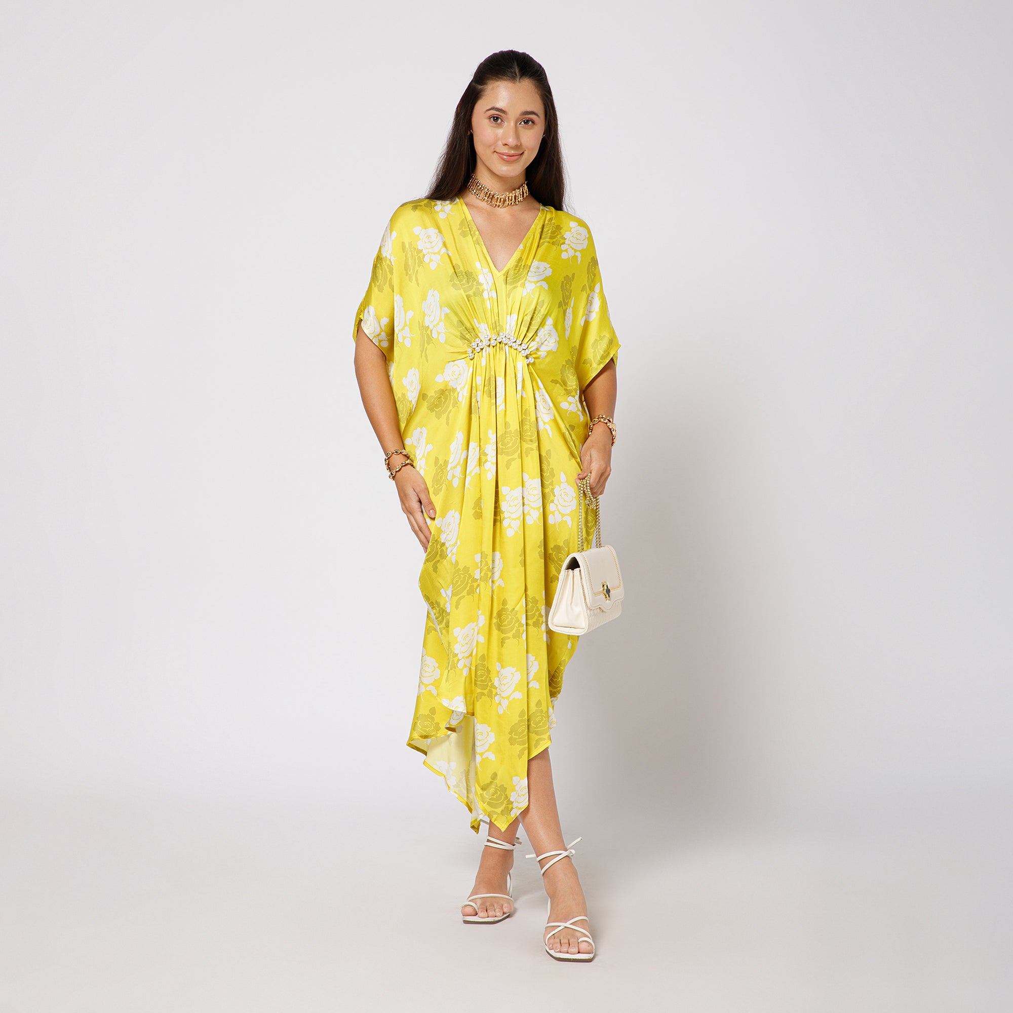 Yellow Satin Kaftan With Pearls