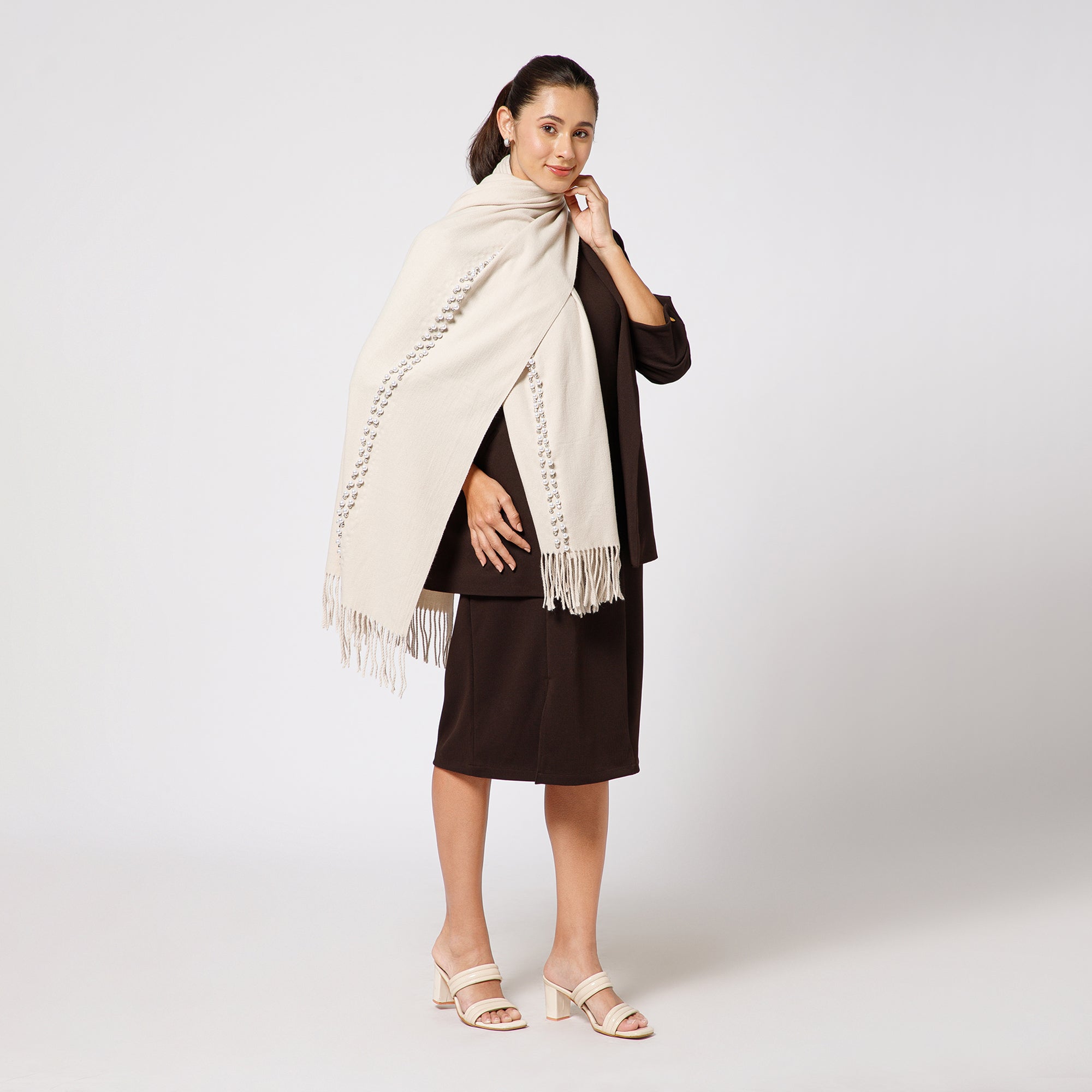 Off White Stole With Crystal And Pearls